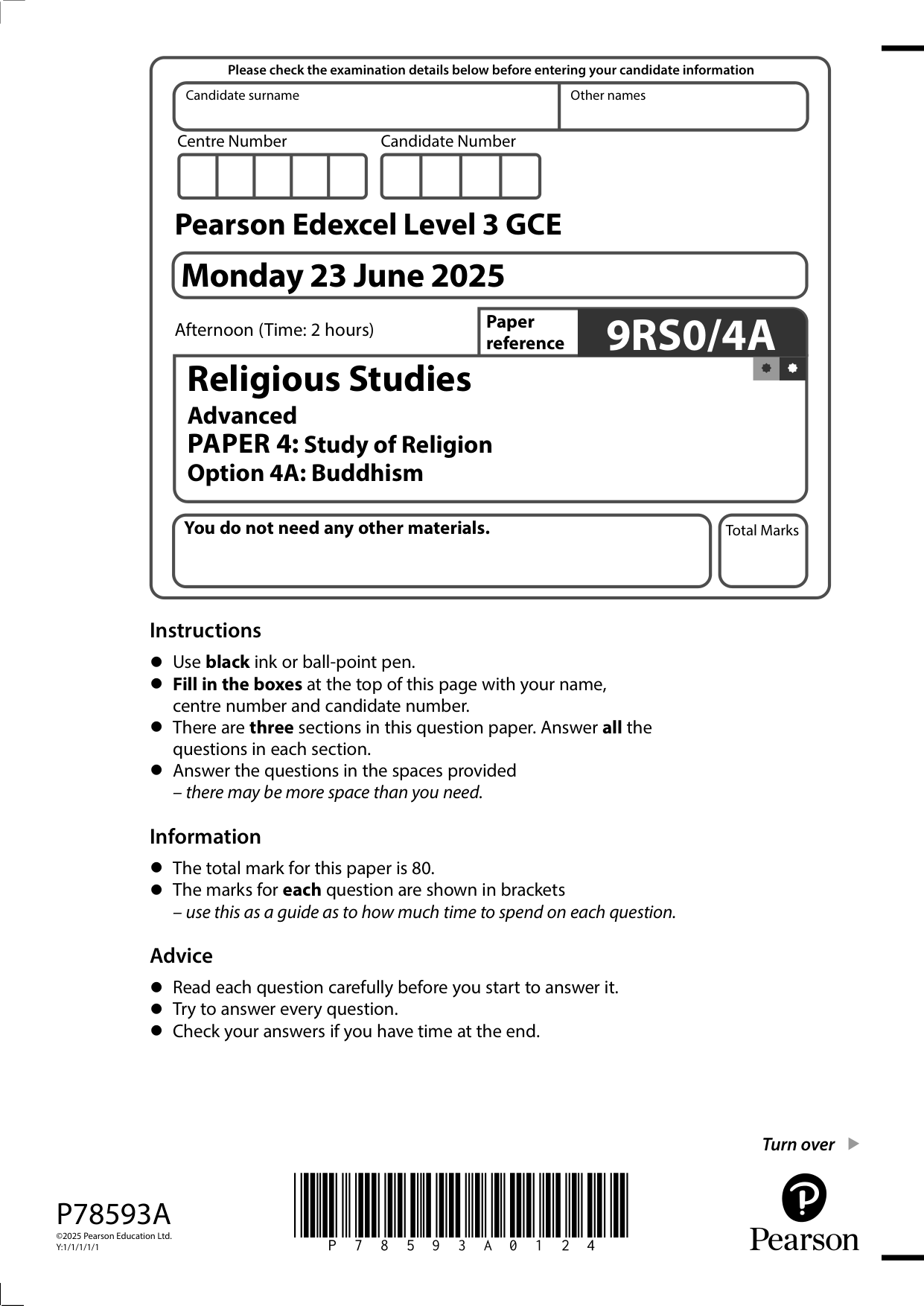Pearson Edexcel A Level Religious Studies Paper 4A 2025 QP