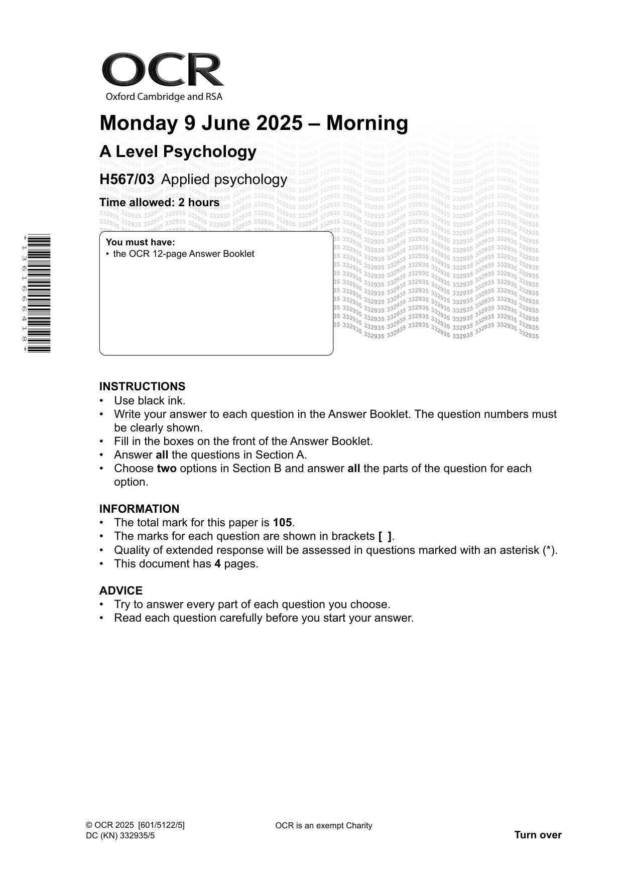 OCR A Level Psychology Paper 3 2025 QP