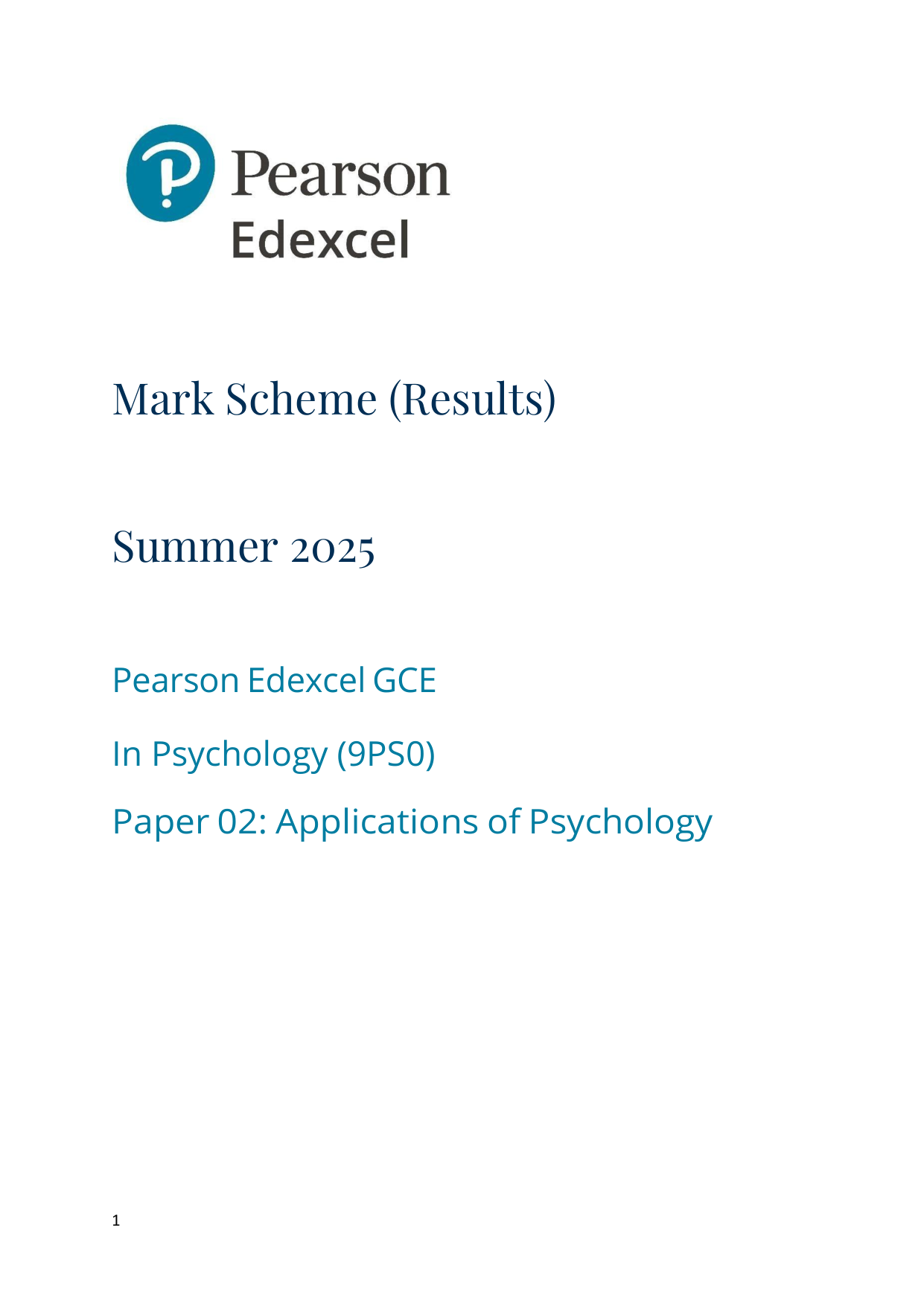 Pearson Edexcel A Level Psychology Paper 2 2025 Mark Scheme