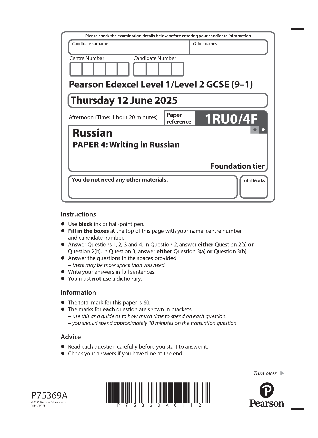 Pearson Edexcel GCSE Russian Paper 4F 2025 Question Paper IMG-1