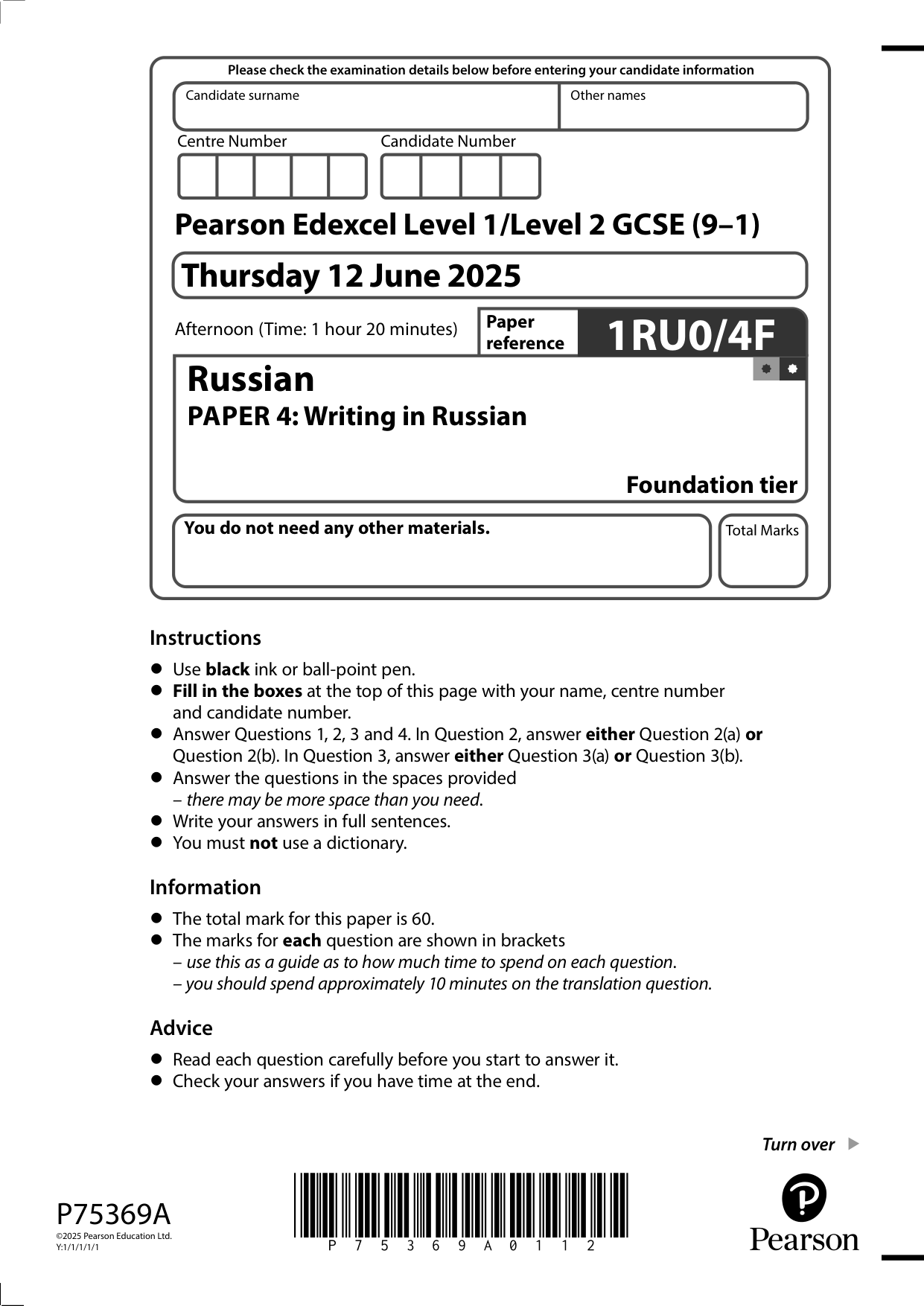 Pearson Edexcel GCSE Russian Paper 4F 2025 Question Paper