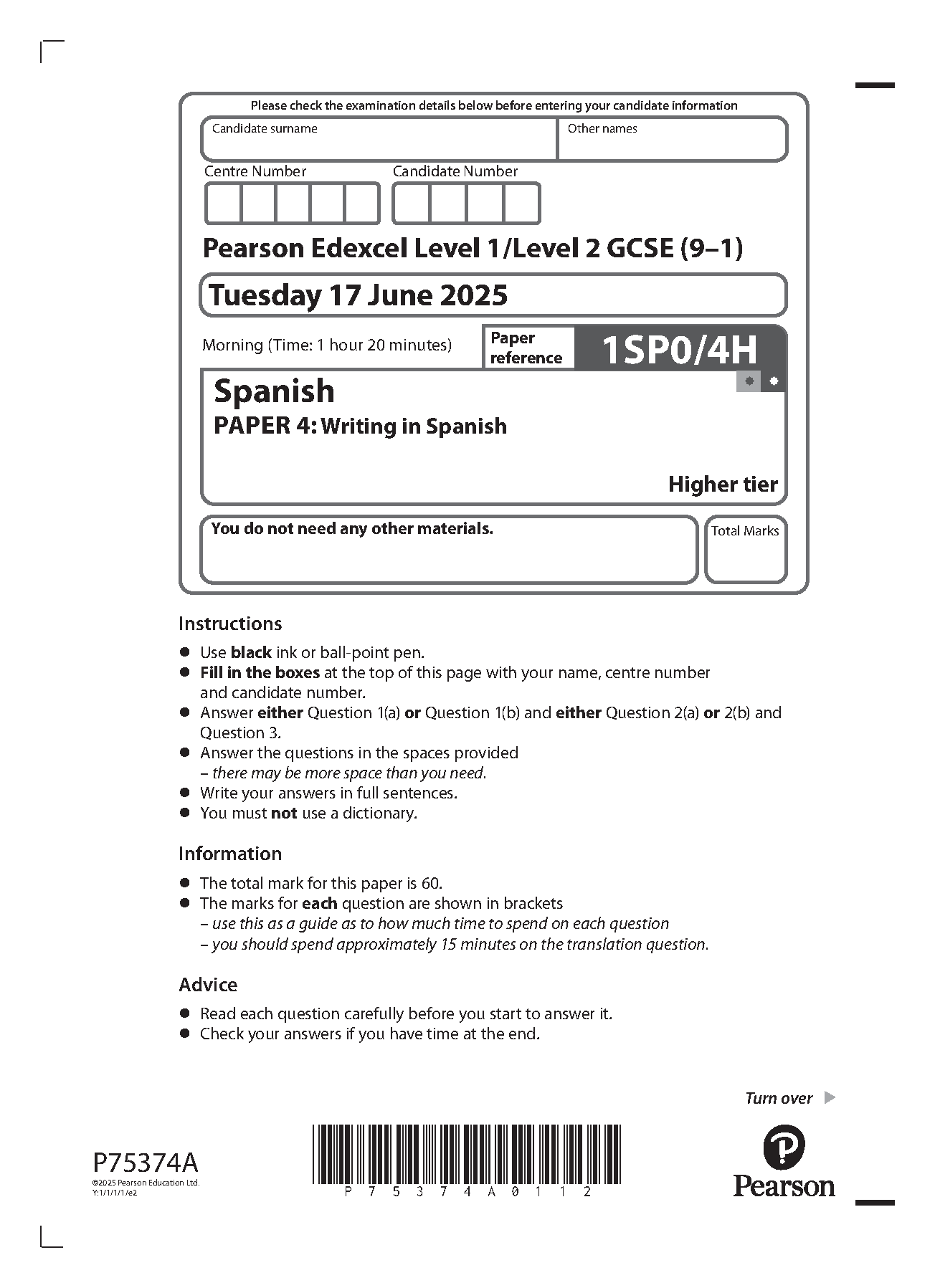 Pearson Edexcel GCSE Spanish Paper 4h 2025 Question Paper IMG-1
