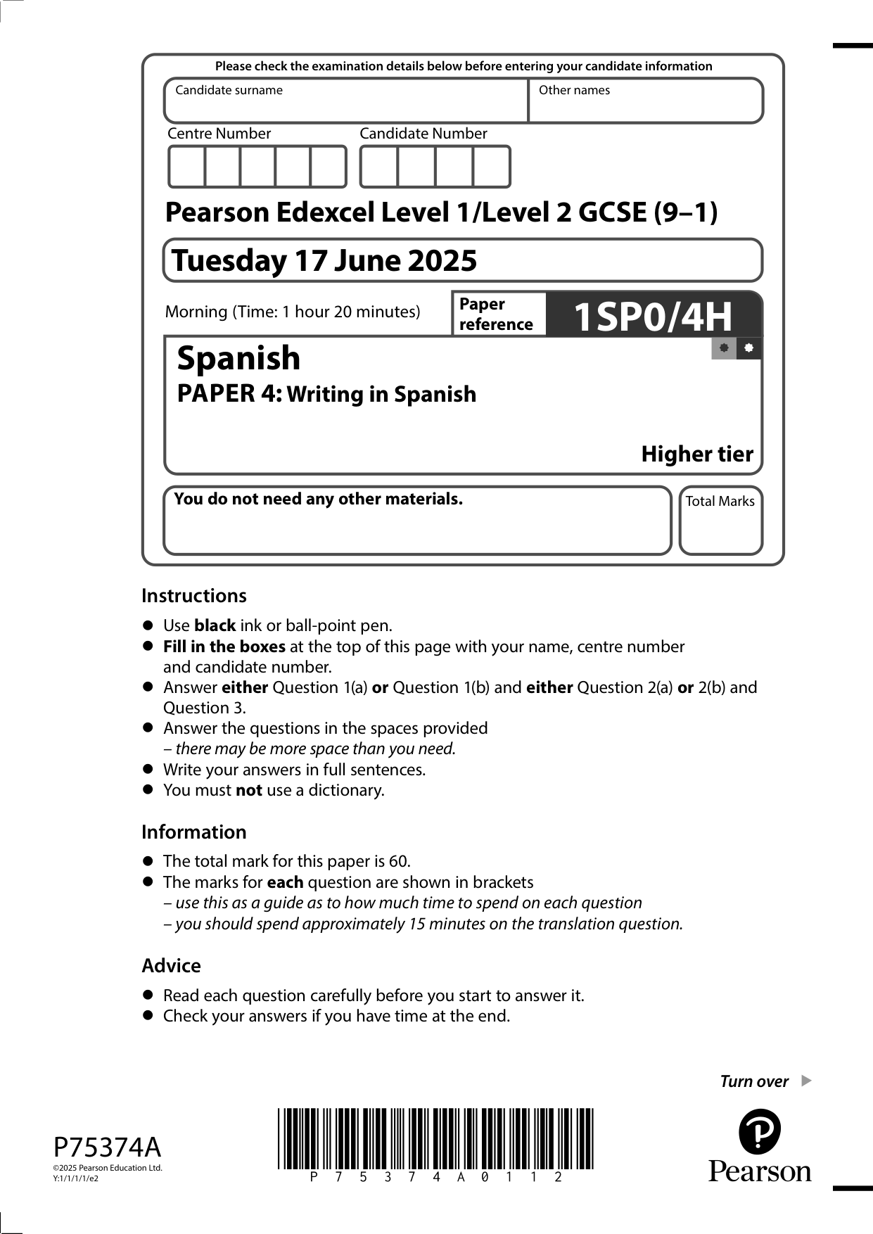 Pearson Edexcel GCSE Spanish Paper 4h 2025 Question Paper
