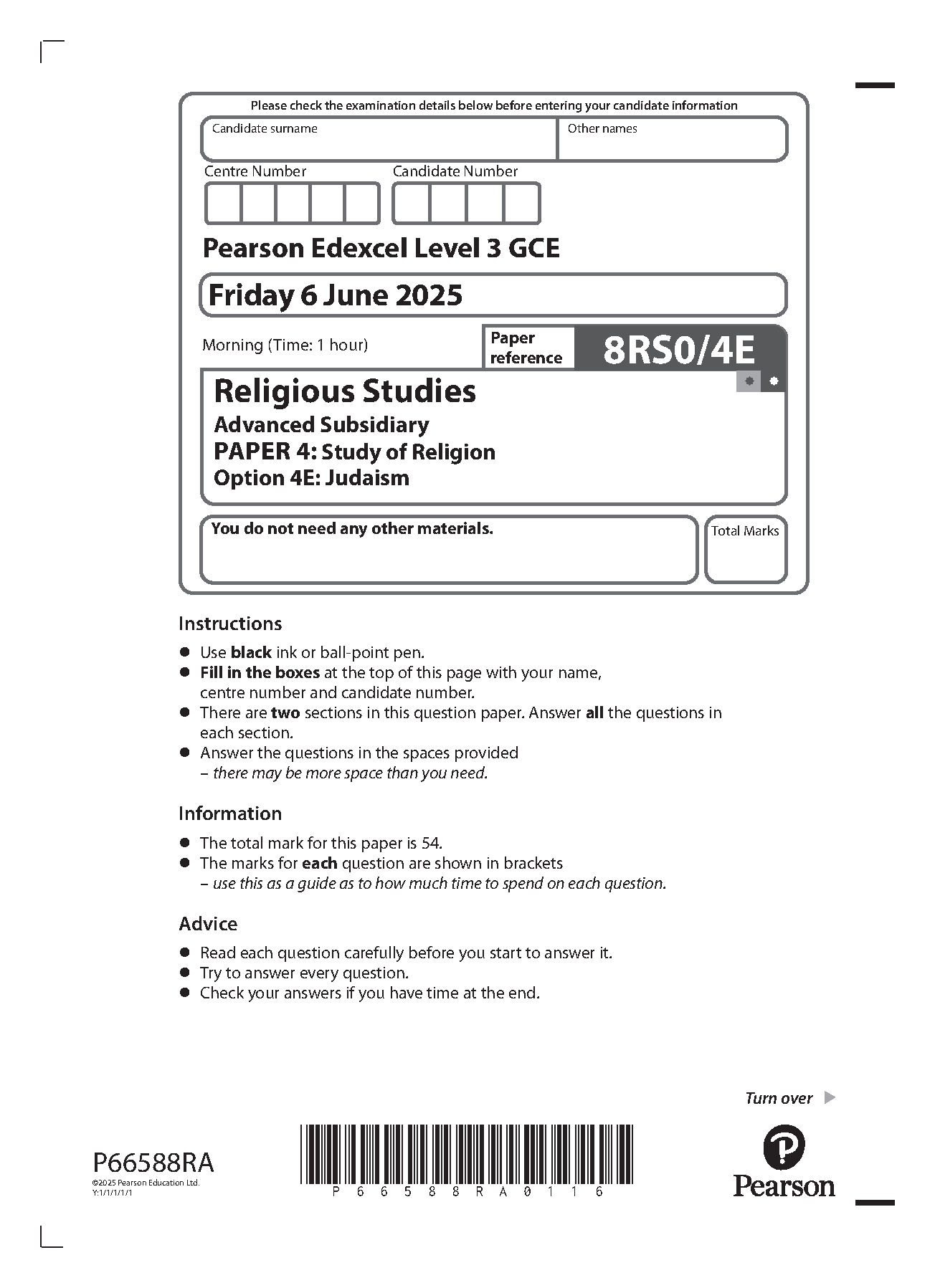 Pearson Edexcel AS Religious Studies Paper 4E 2025 QP IMG-1