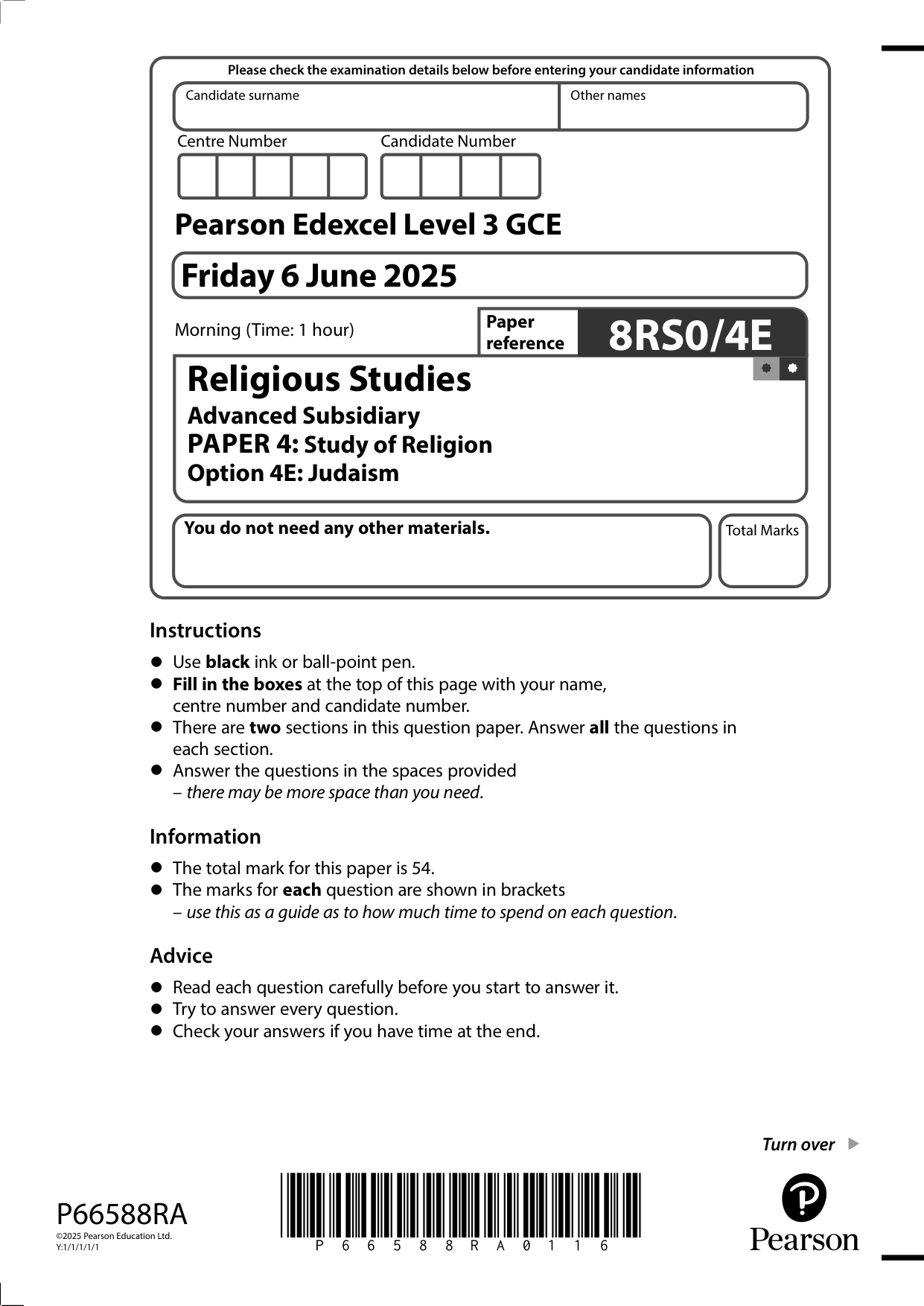 Pearson Edexcel AS Religious Studies Paper 4E 2025 QP