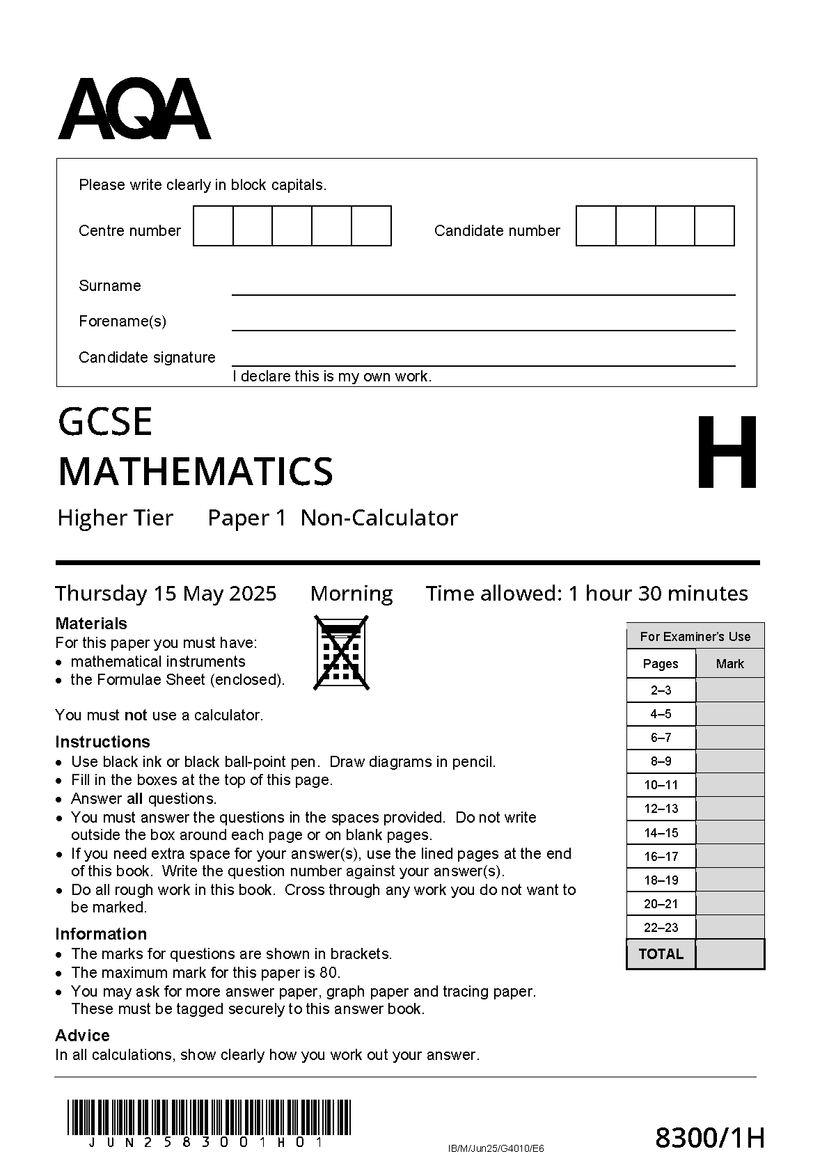 AQA GCSE Maths  Paper 1H 2025 Question Paper IMG-1