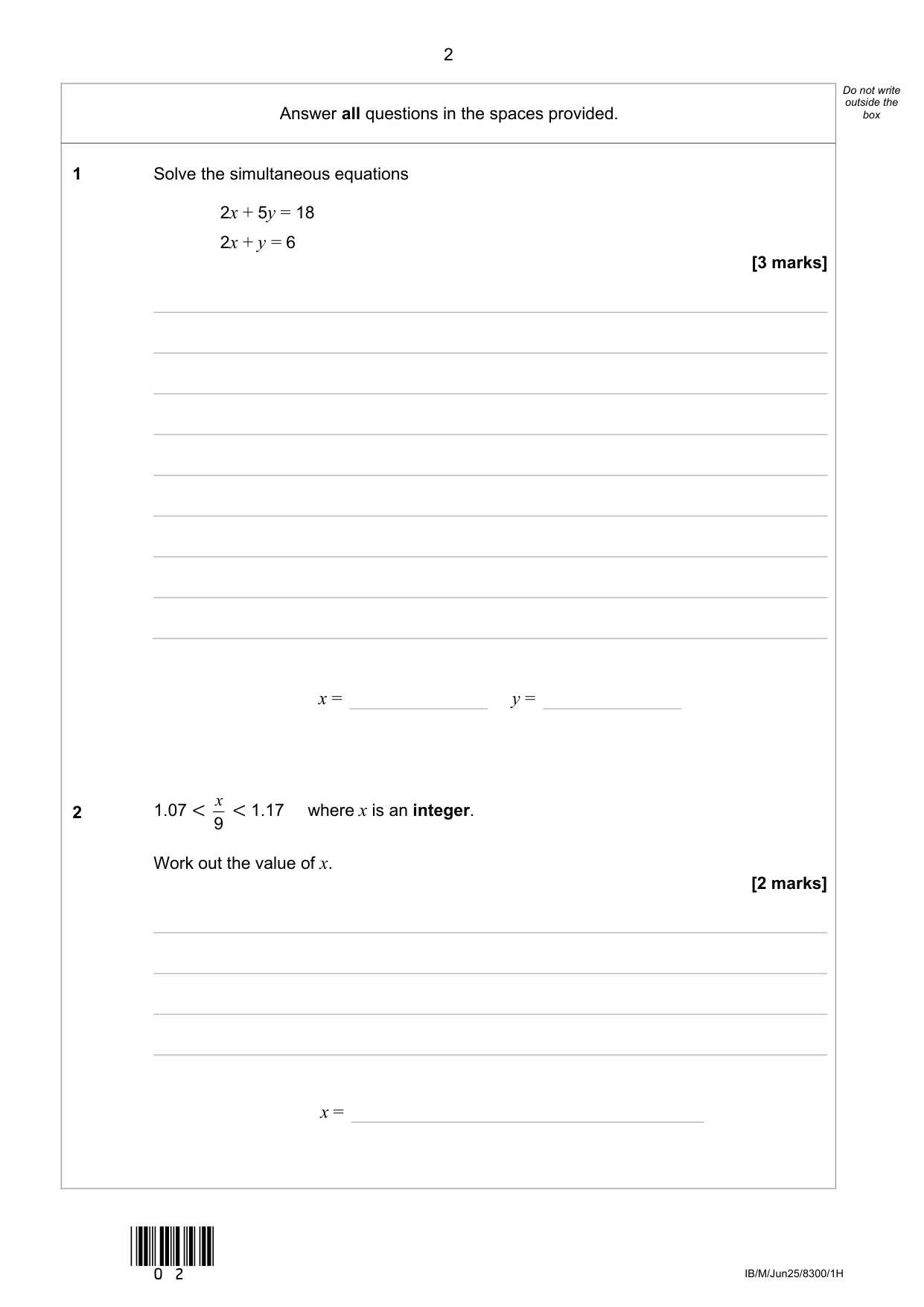 AQA GCSE Maths  Paper 1H 2025 Question Paper