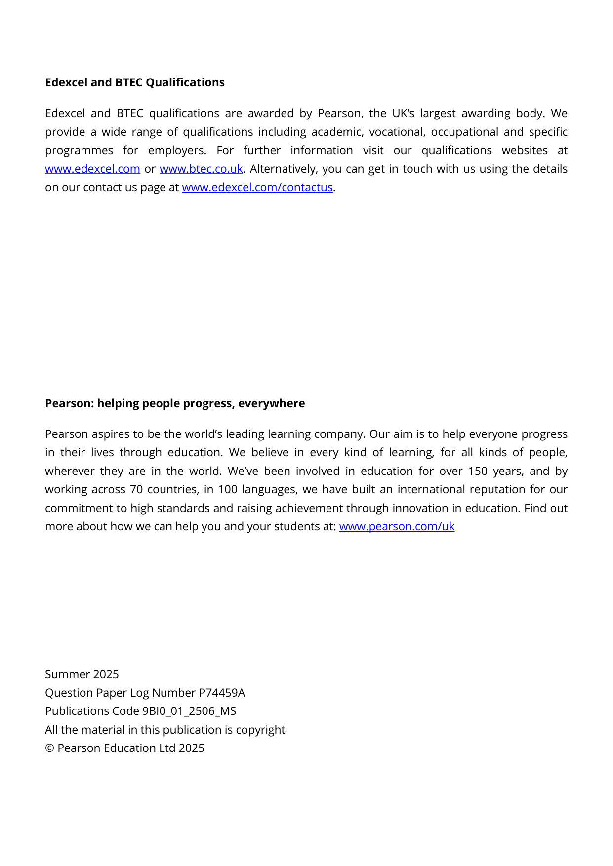 Pearson Edexcel A Level Biology B Paper 1 2025 Mark scheme