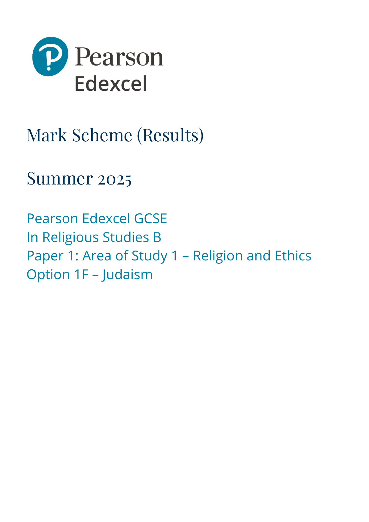 Pearson Edexcel GCSE Religious Studies Paper 1f 2025 MS