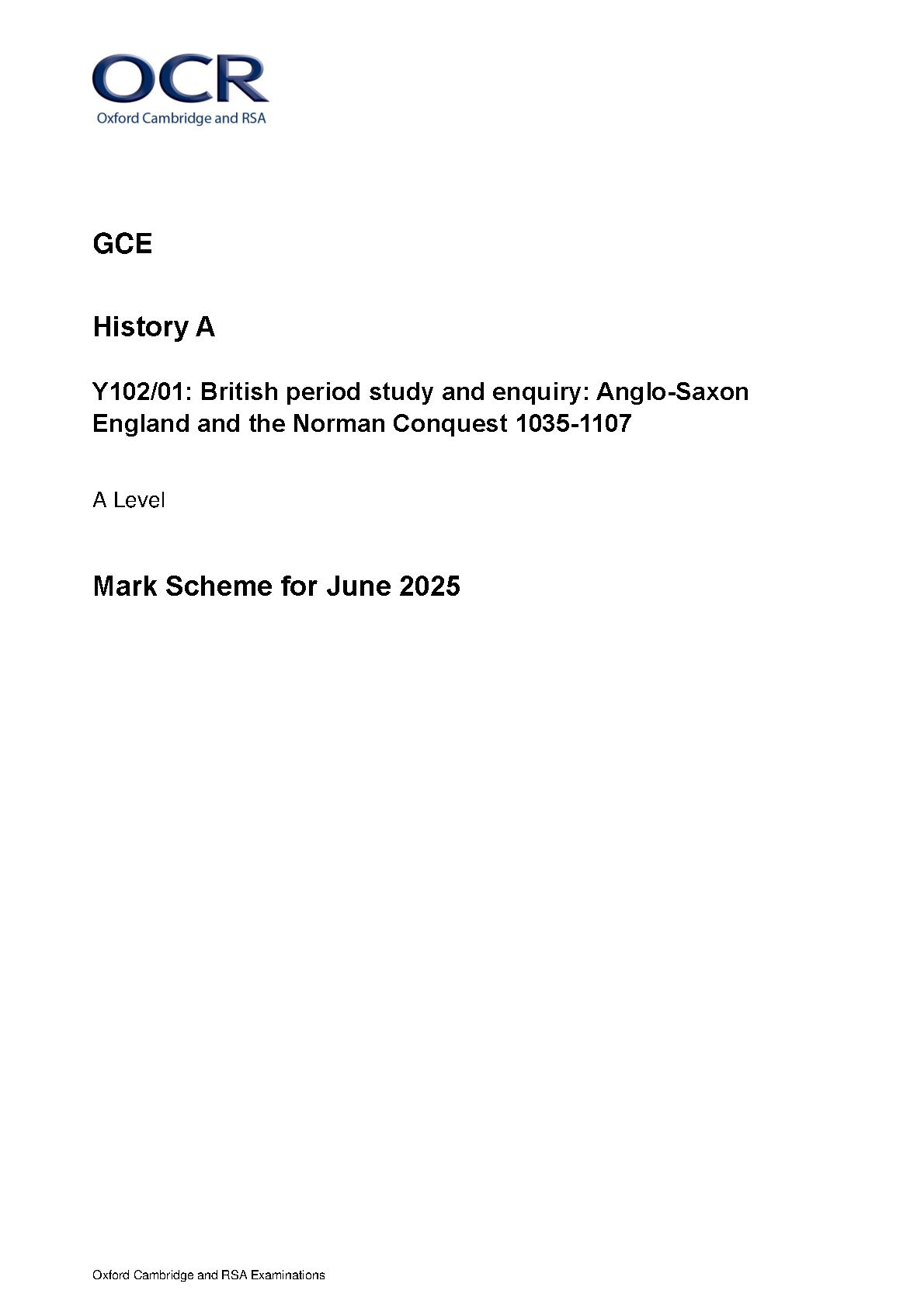OCR A Level History A Anglo-Saxon England 2025 Mark Scheme