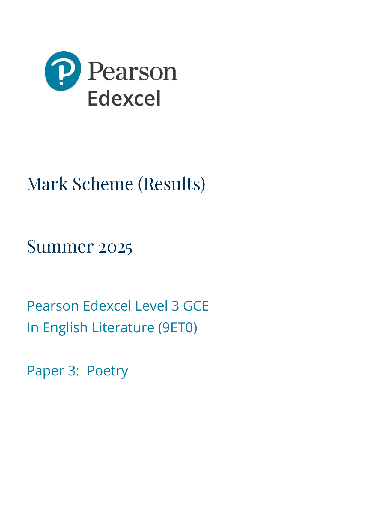 Pearson Edexcel A Level English Literature 2025 Paper 3 MS