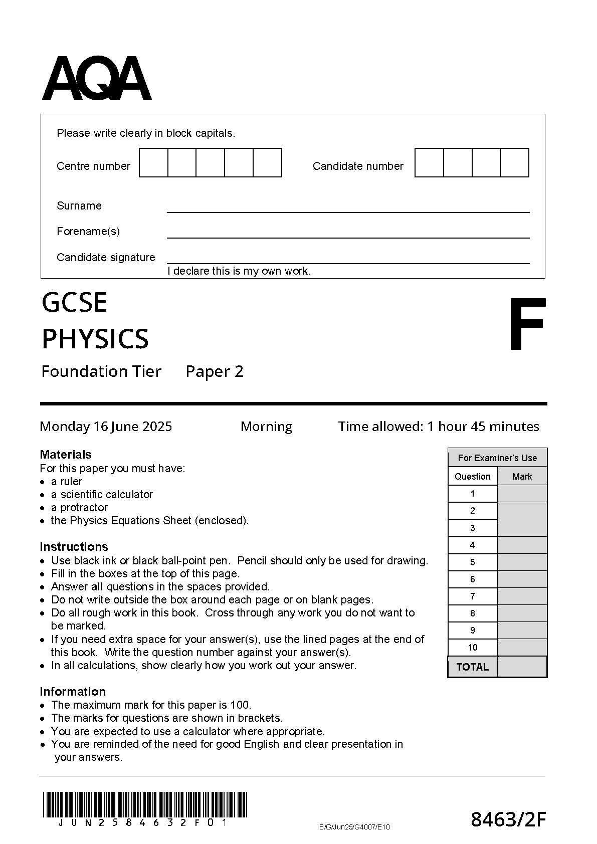 AQA GCSE Physics 2F 2025 Question Paper PDF IMG-1
