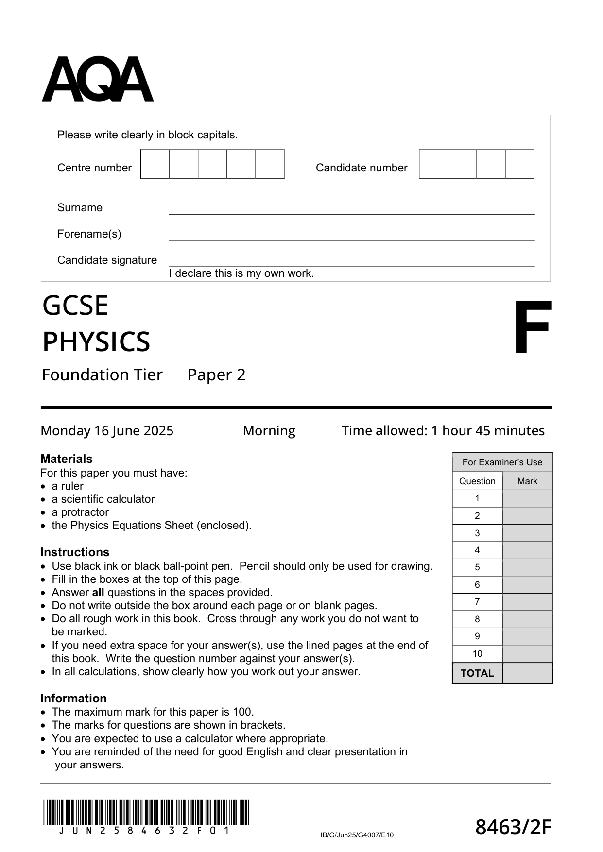 AQA GCSE Physics 2F 2025 Question Paper PDF