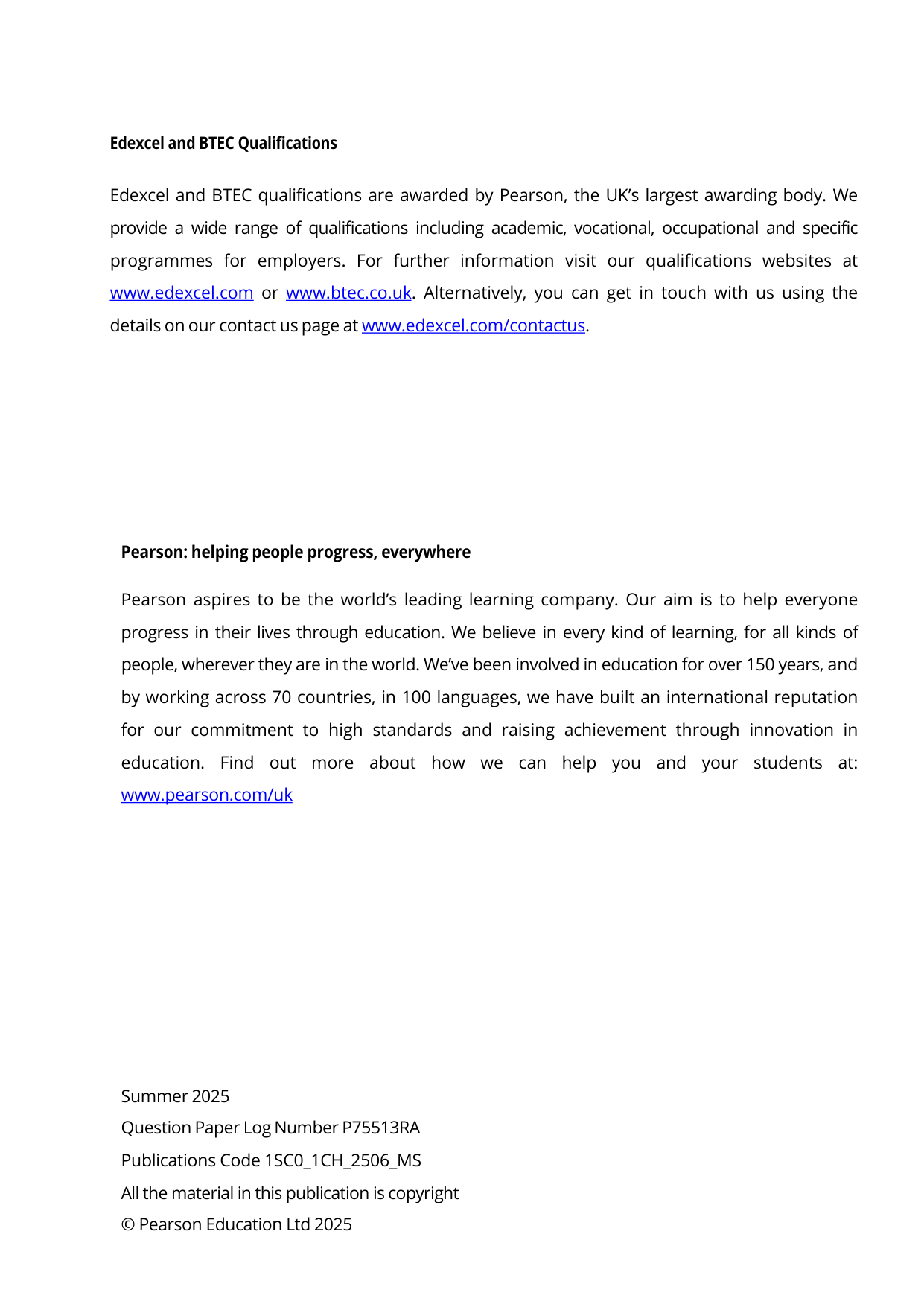 Pearson Edexcel GCSE Combined Science Paper 2 Higher 2025 MS