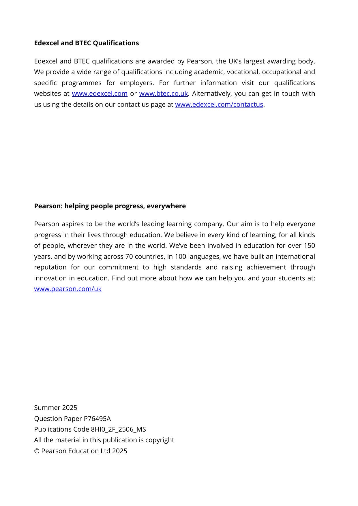 Pearson Edexcel AS History Paper 2F 2025 Mark Scheme PDF