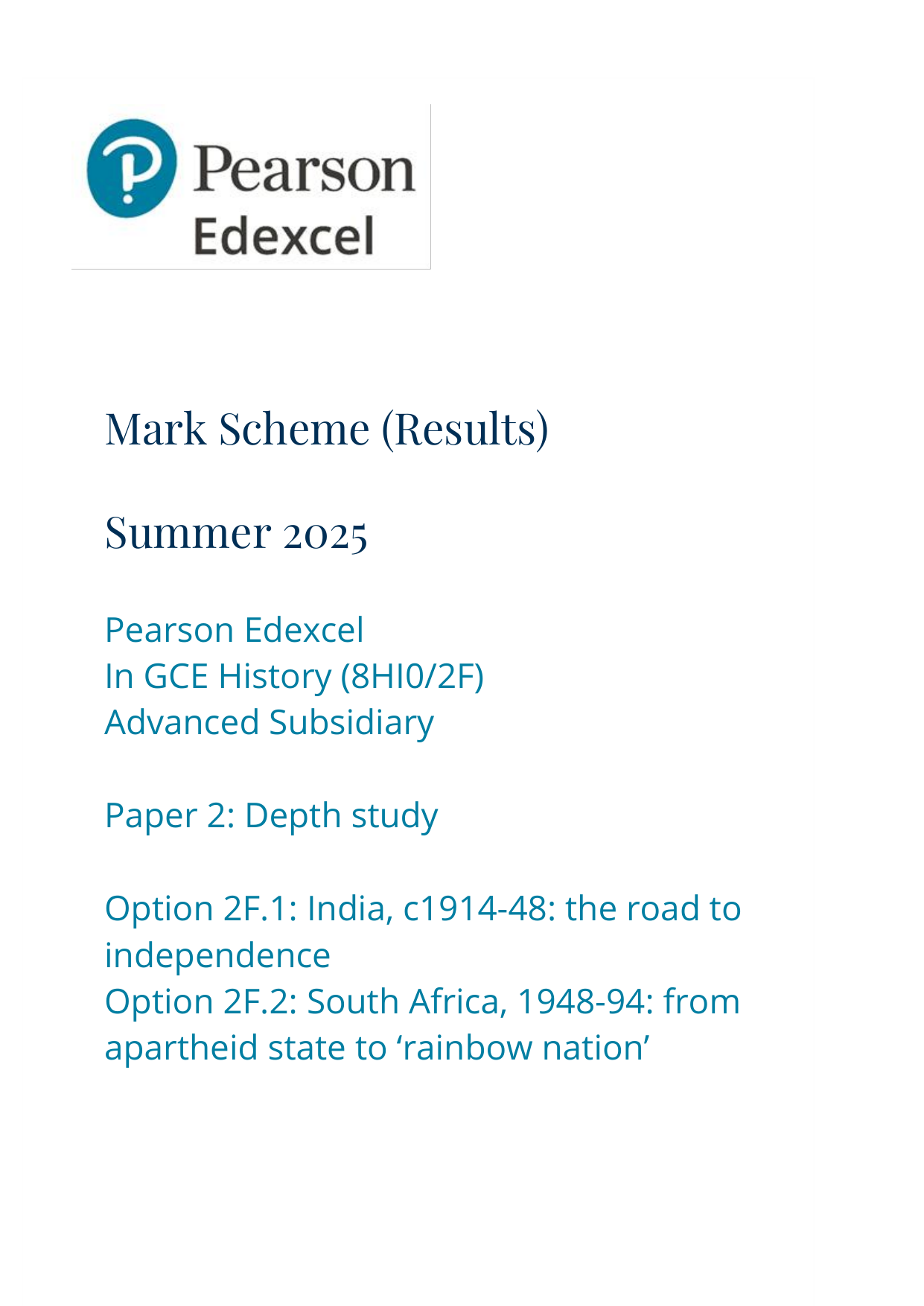 Pearson Edexcel AS History Paper 2F 2025 Mark Scheme PDF