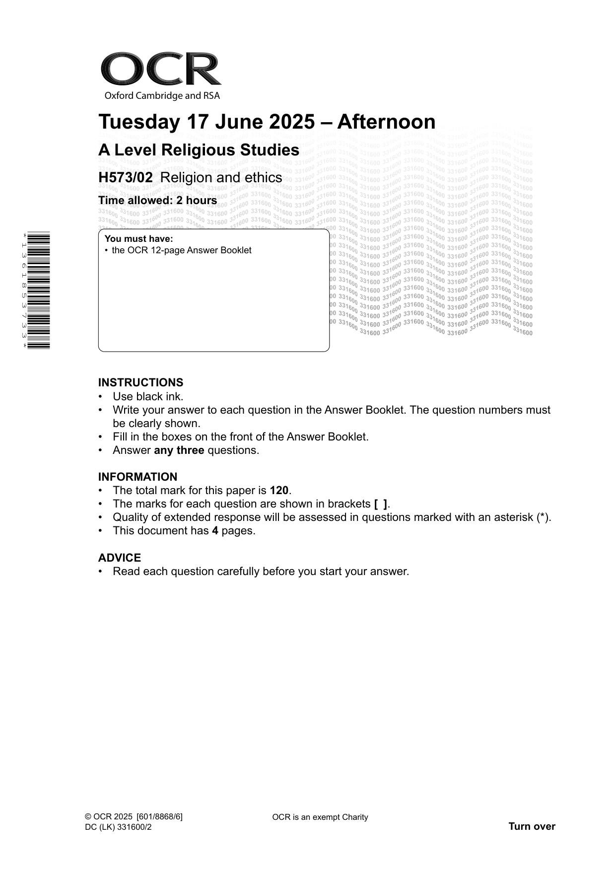 OCR A Level Religious Studies Paper 2 2025 QP