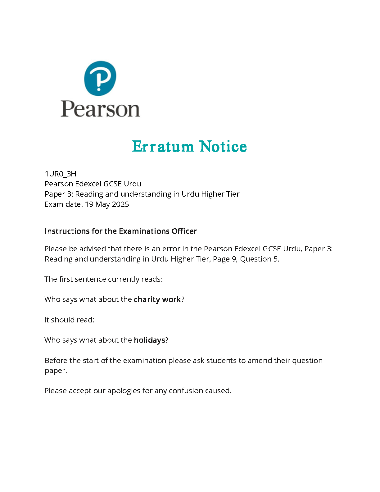 Pearson Edexcel GCSE Urdu Paper 3H 2025 Question Paper IMG-1