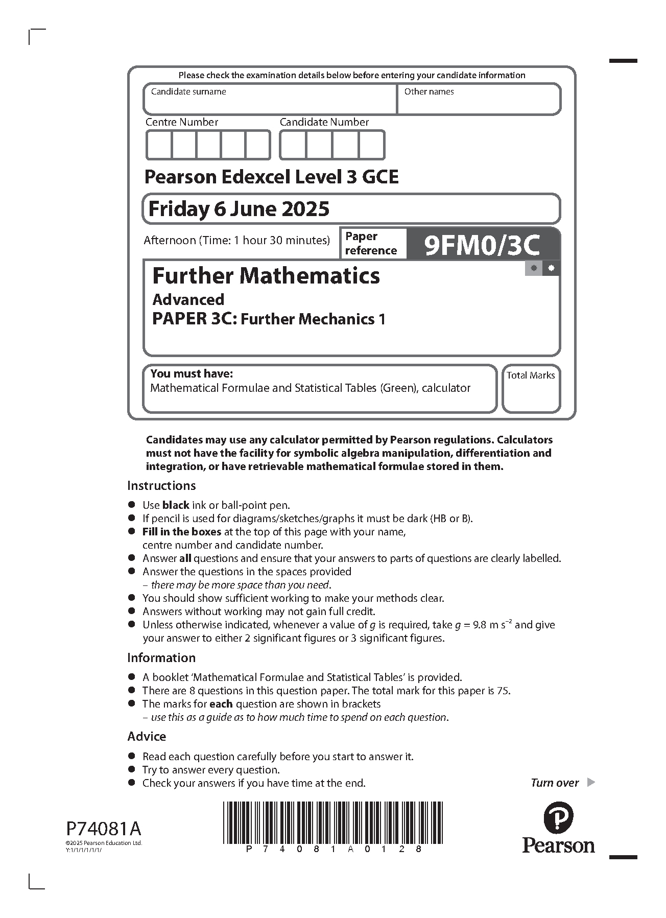 Pearson Edexcel A Level Further Mathematics Paper 3C 2025 QP IMG-1