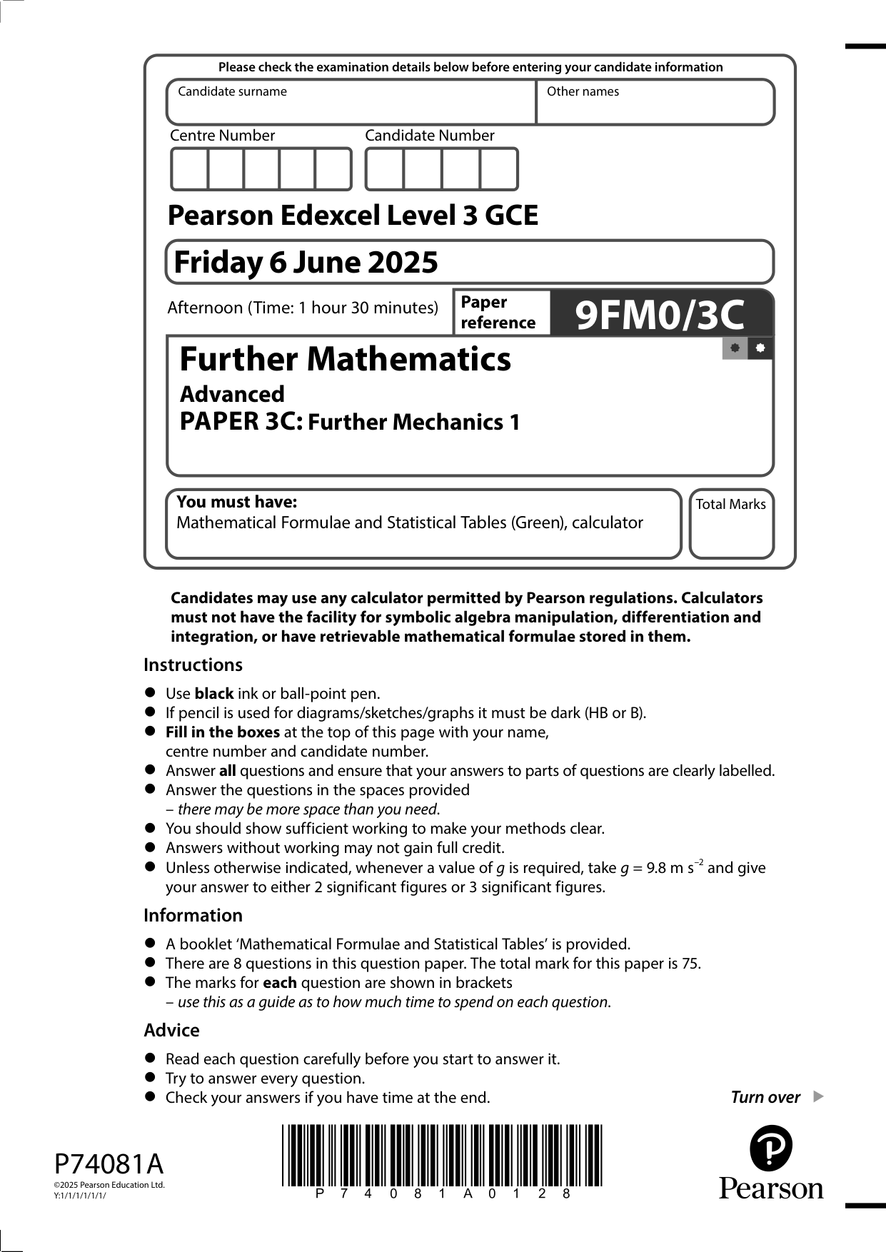 Pearson Edexcel A Level Further Mathematics Paper 3C 2025 QP
