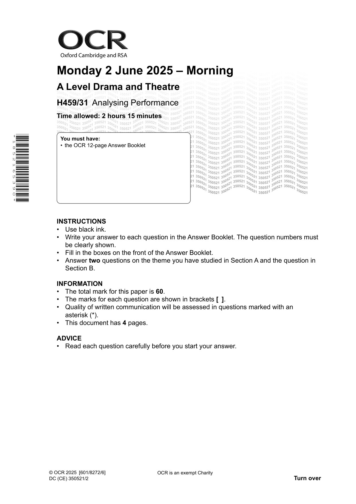 OCR A Level Drama and Theatre Paper 31 Question Paper