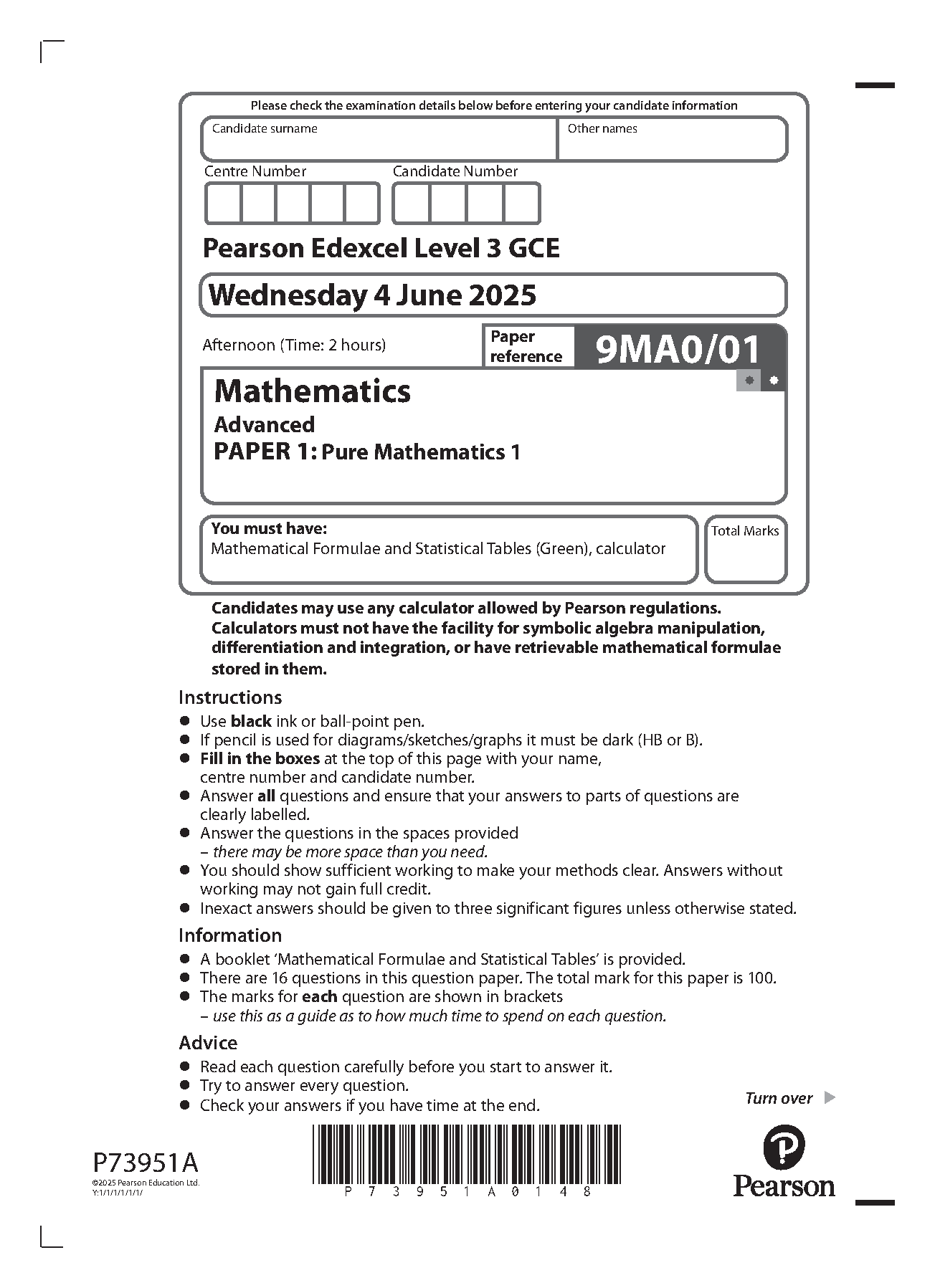 Pearson Edexcel A Level Mathematics Paper 1 2025 QP IMG-1
