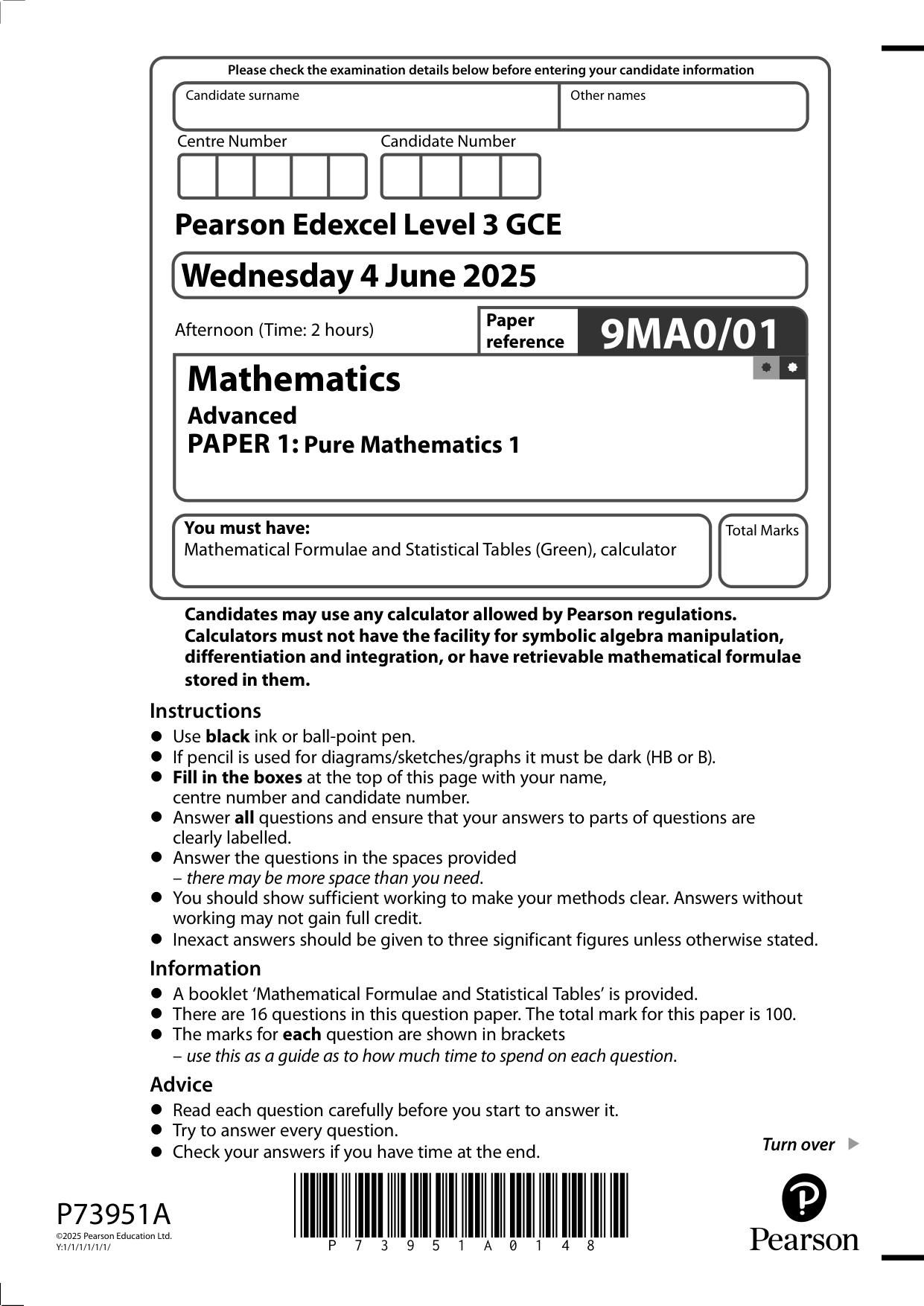 Pearson Edexcel A Level Mathematics Paper 1 2025 QP