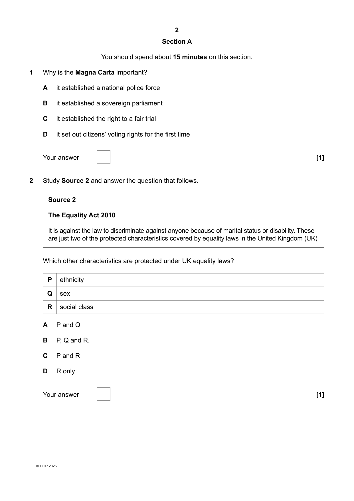 OCR GCSE Citizenship Studies Paper 1 2025 Question Paper