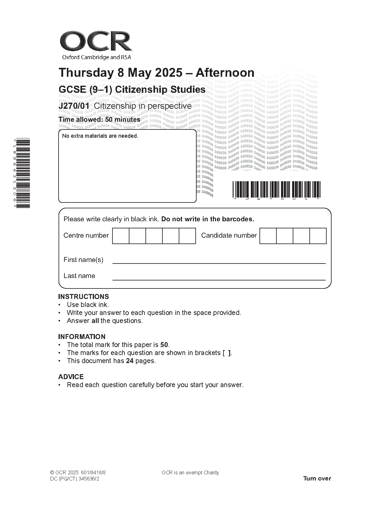 OCR GCSE Citizenship Studies Paper 1 2025 Question Paper