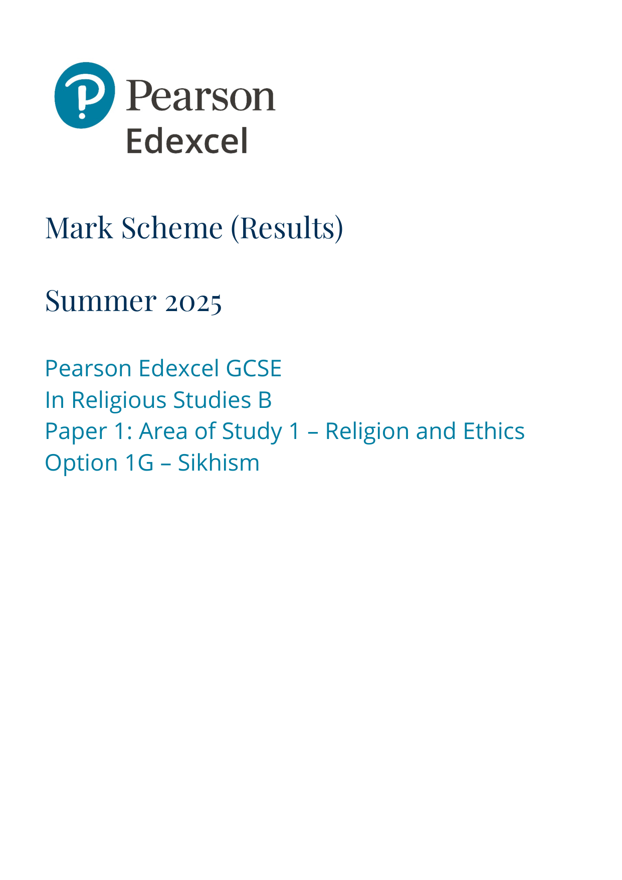Pearson Edexcel GCSE Religious Studies  Paper 1G 2025 MS