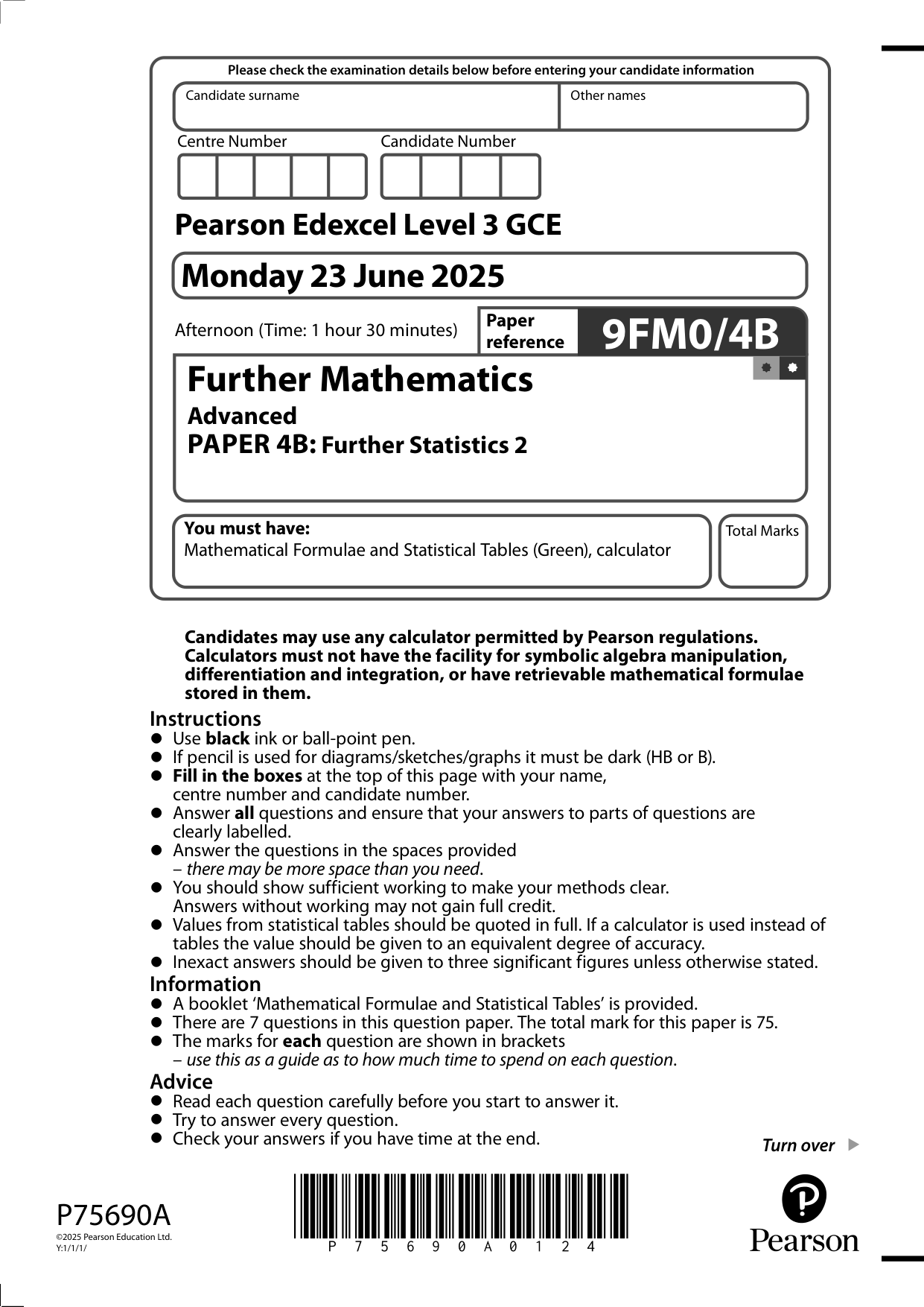 Pearson Edexcel A Level Further Mathematics Paper 4B 2025 QP