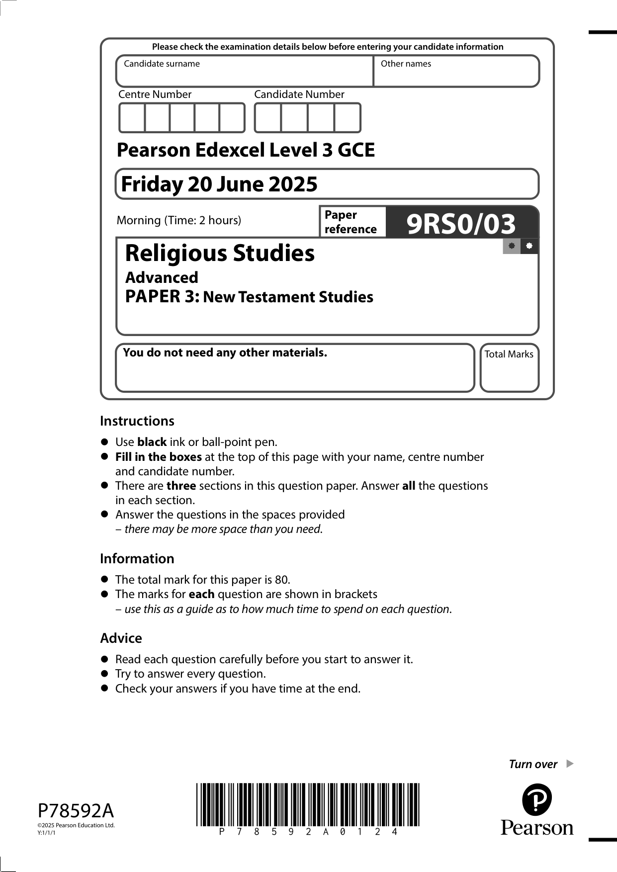 Pearson Edexcel A Level Religious Studies Paper 3 2025 QP