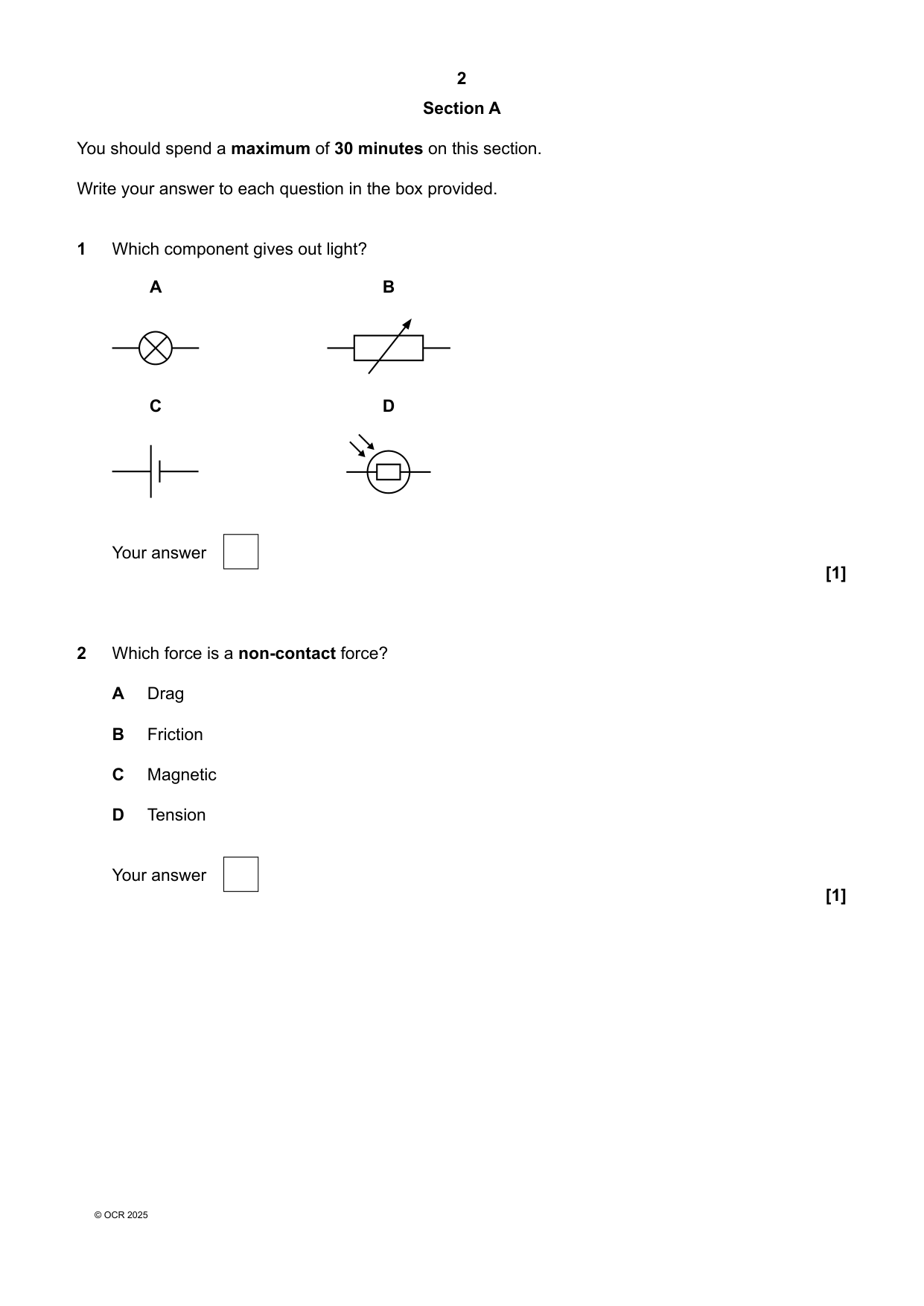 OCR GCSE Physics Paper 1 2025 Question Paper
