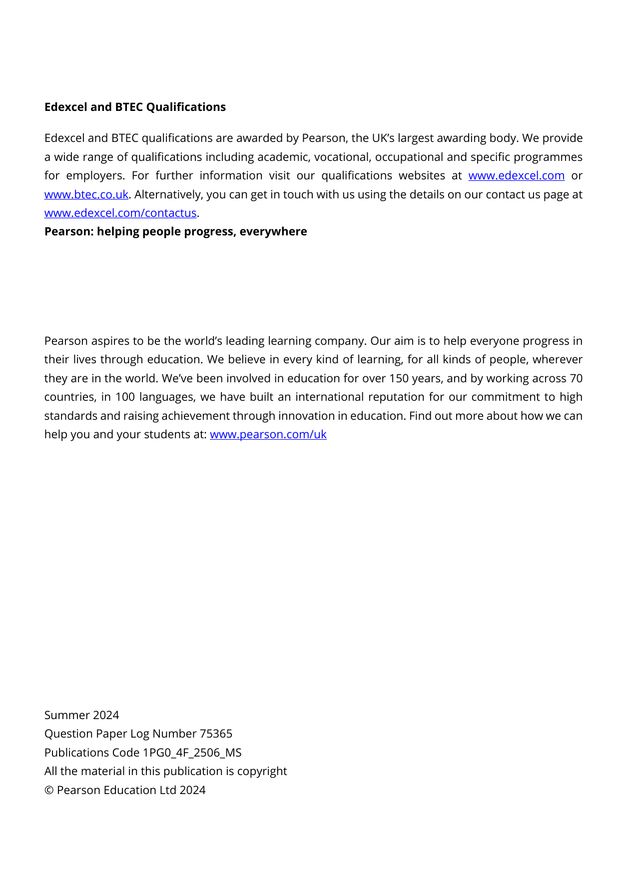 Pearson Edexcel GCSE Portuguese Paper 4F 2025 Mark Scheme