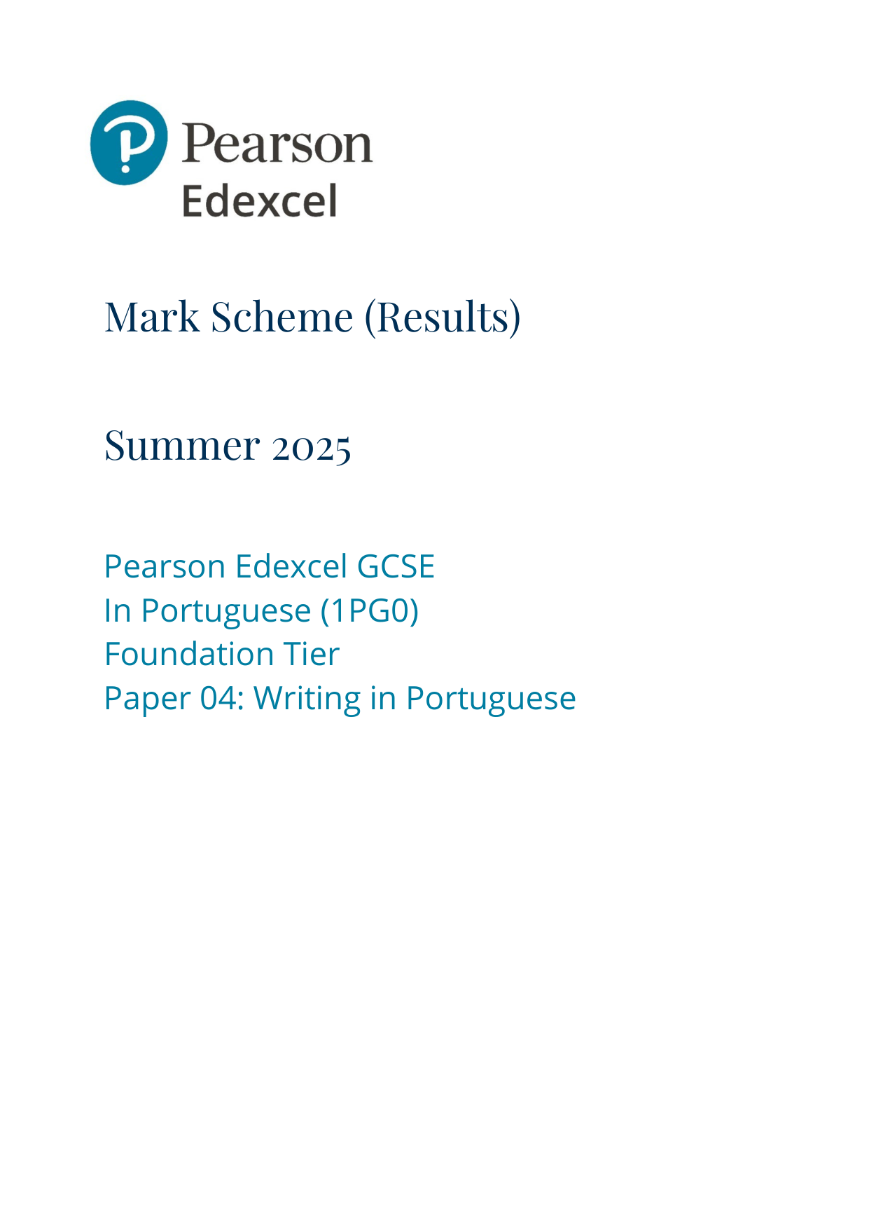 Pearson Edexcel GCSE Portuguese Paper 4F 2025 Mark Scheme