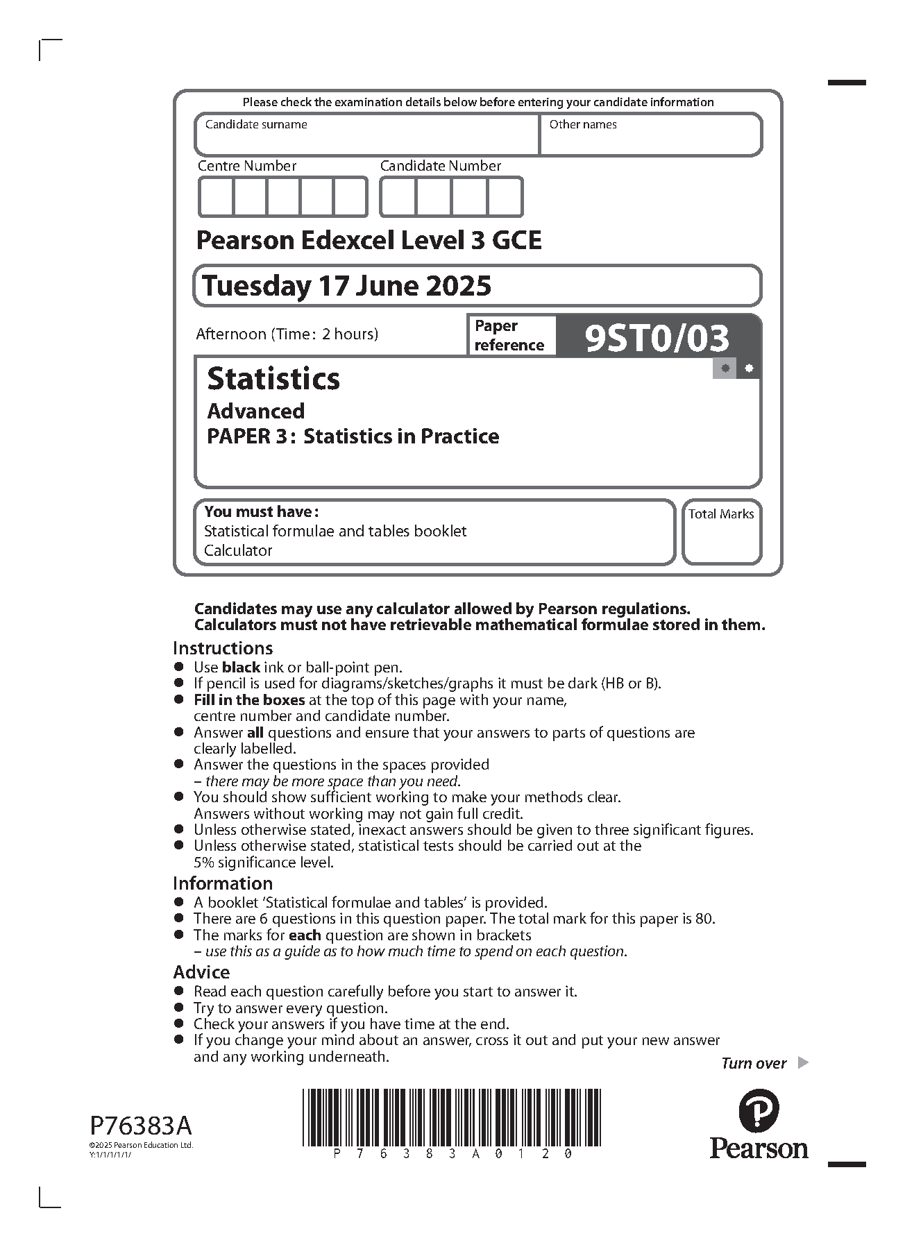 Pearson Edexcel A Level Statistics Paper 3 2025 QP IMG-1