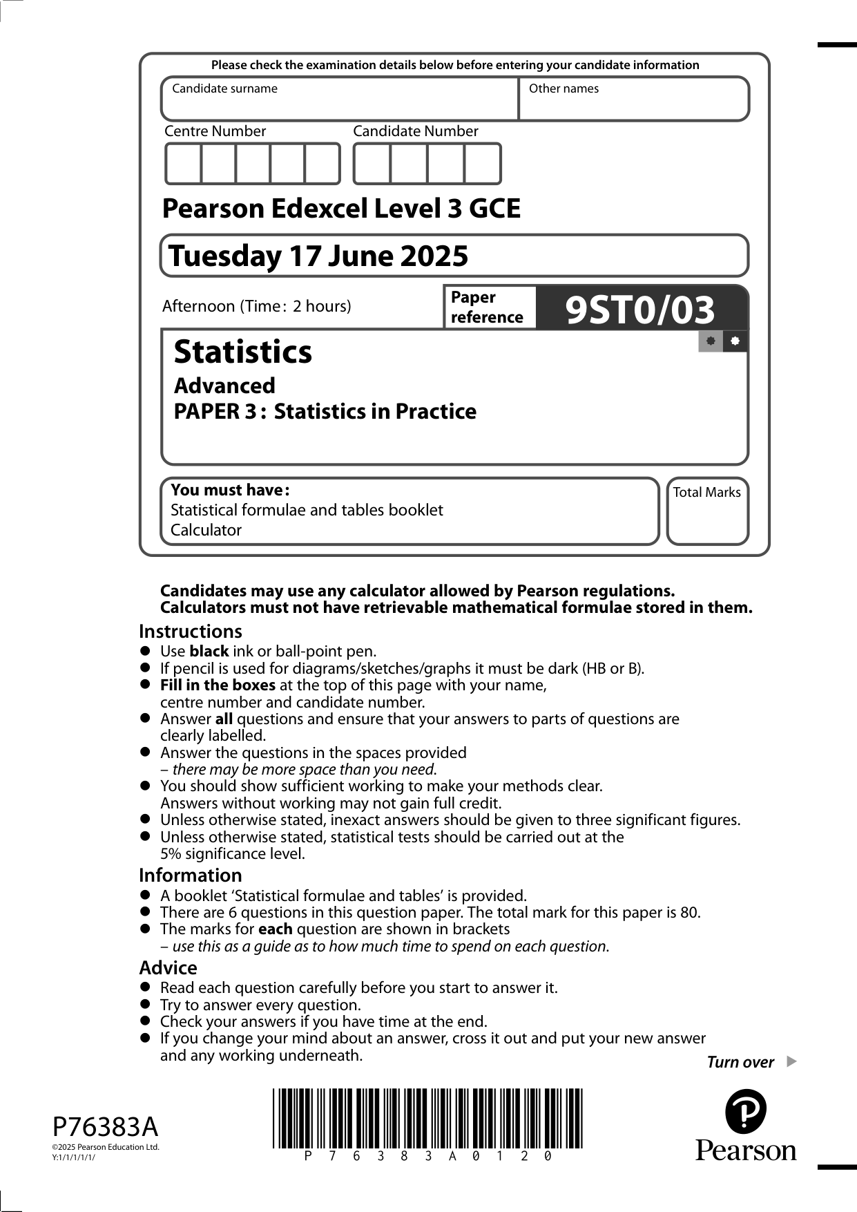 Pearson Edexcel A Level Statistics Paper 3 2025 QP
