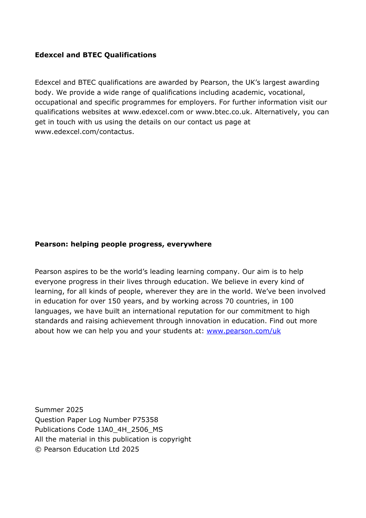 Pearson Edexcel GCSE Japanese Paper 4H 2025 Mark Scheme