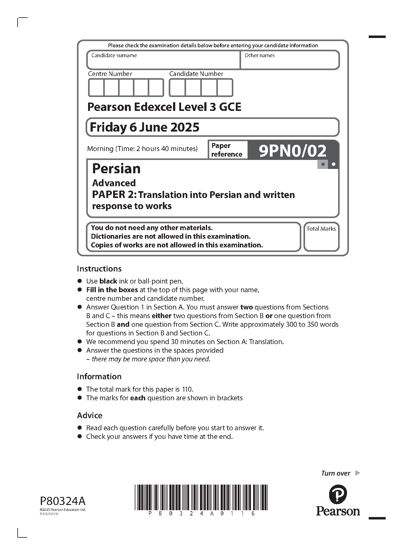 Pearson Edexcel A Level Persian 2025 Paper 2 Question Paper IMG-1
