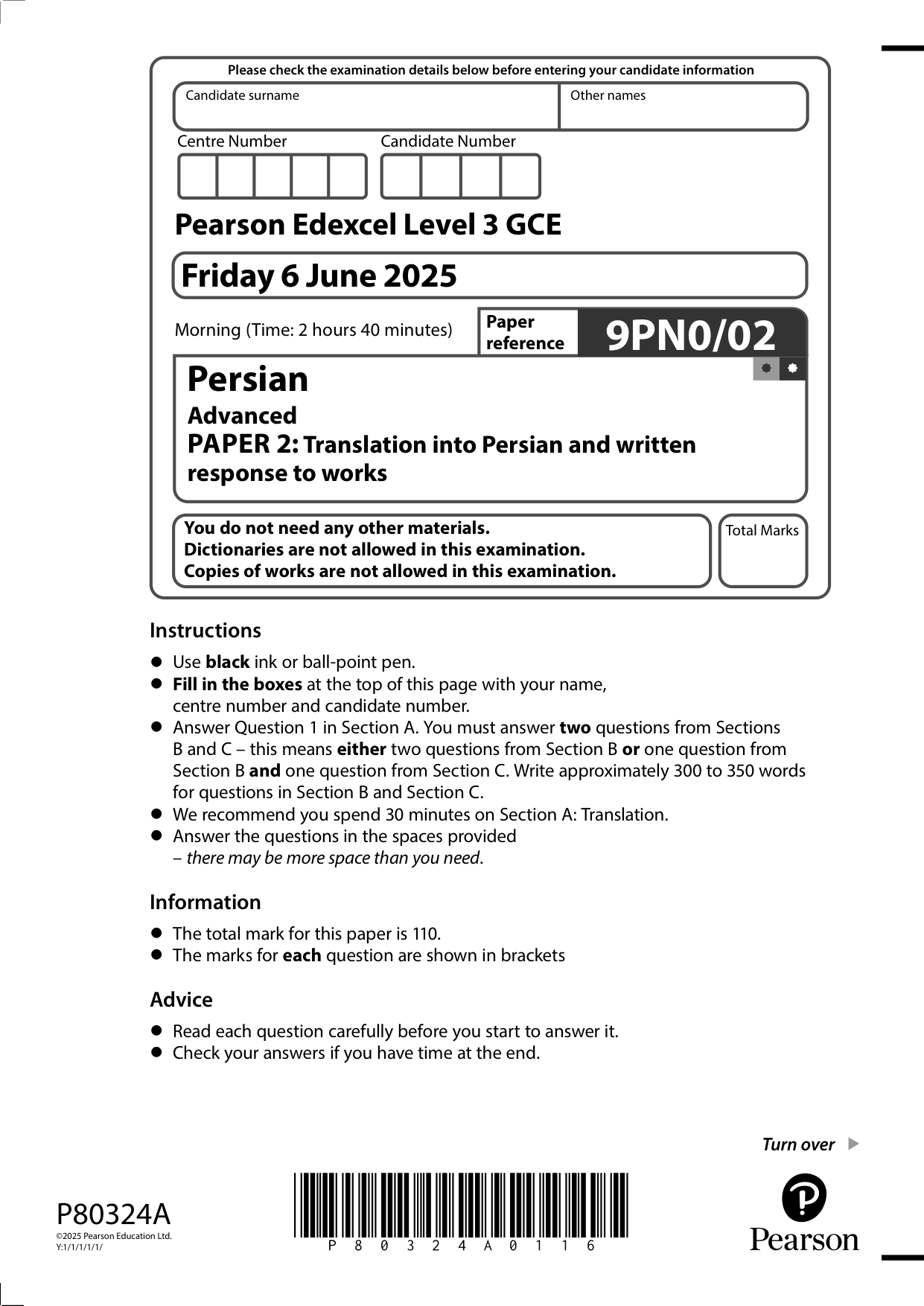 Pearson Edexcel A Level Persian 2025 Paper 2 Question Paper