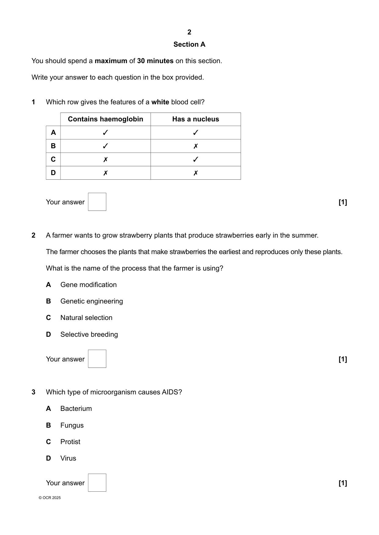 OCR GCSE Biology A Gateway Paper 2 Foundation June 2025