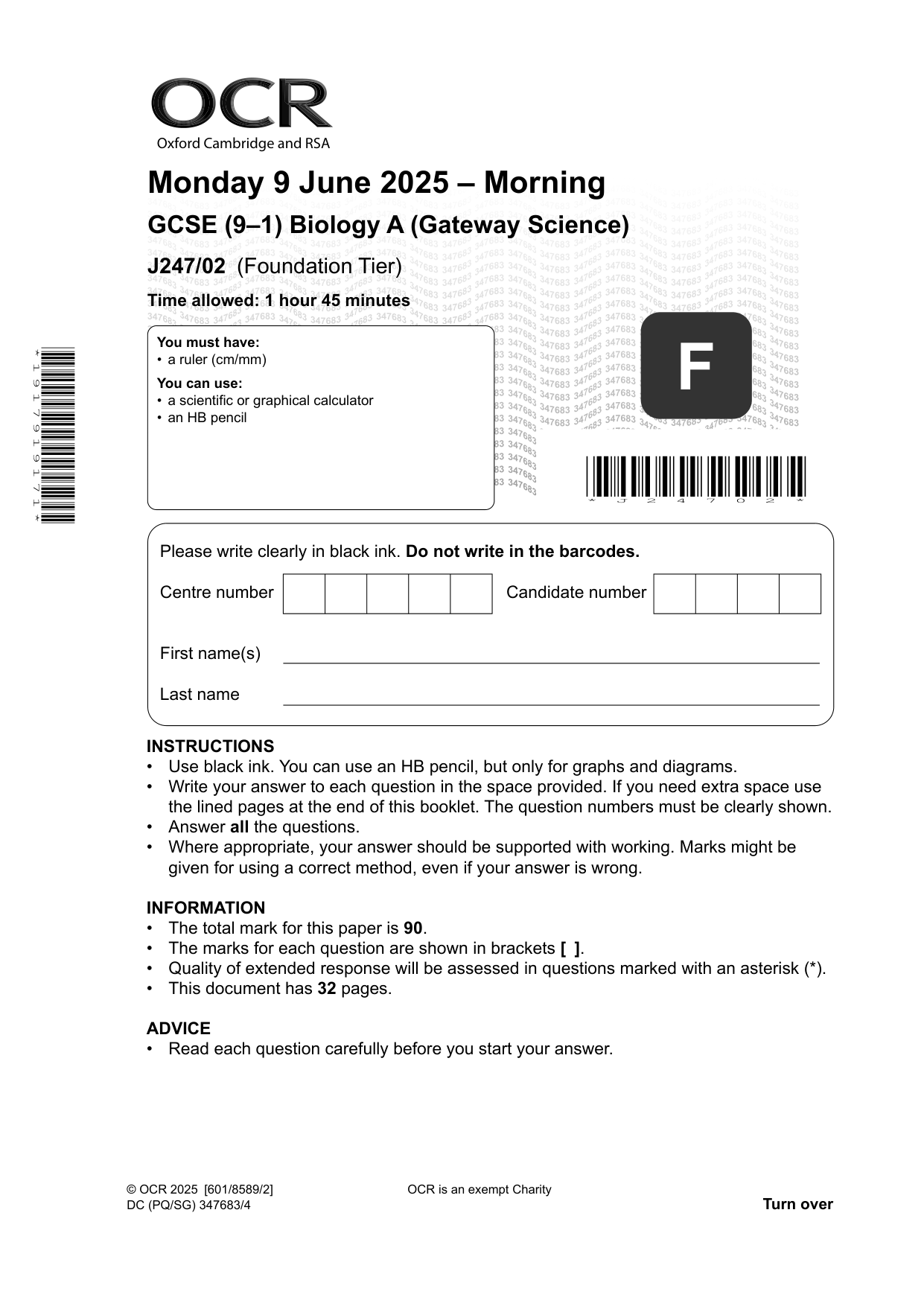OCR GCSE Biology A Gateway Paper 2 Foundation June 2025