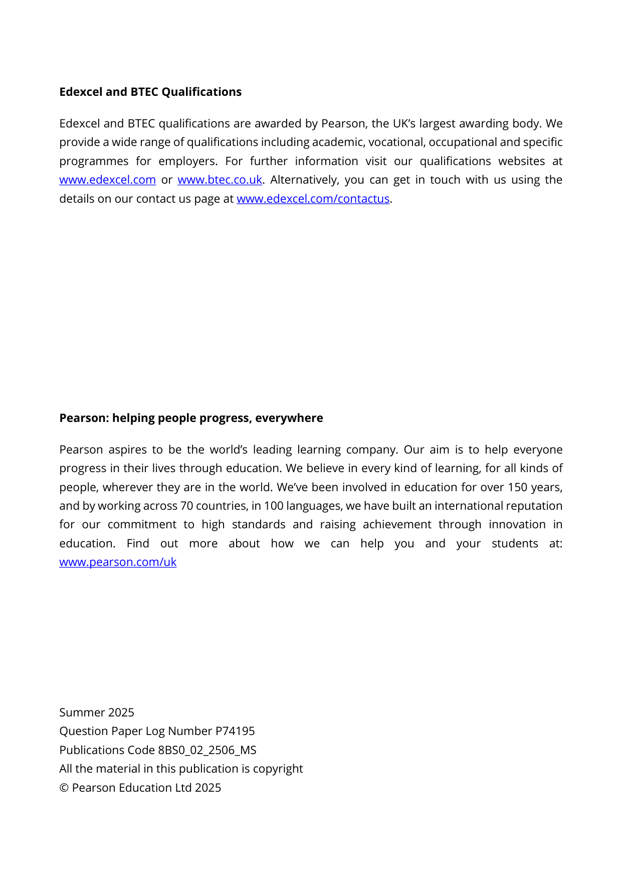 Pearson Edexcel AS Business Paper 2 2025 Mark Scheme