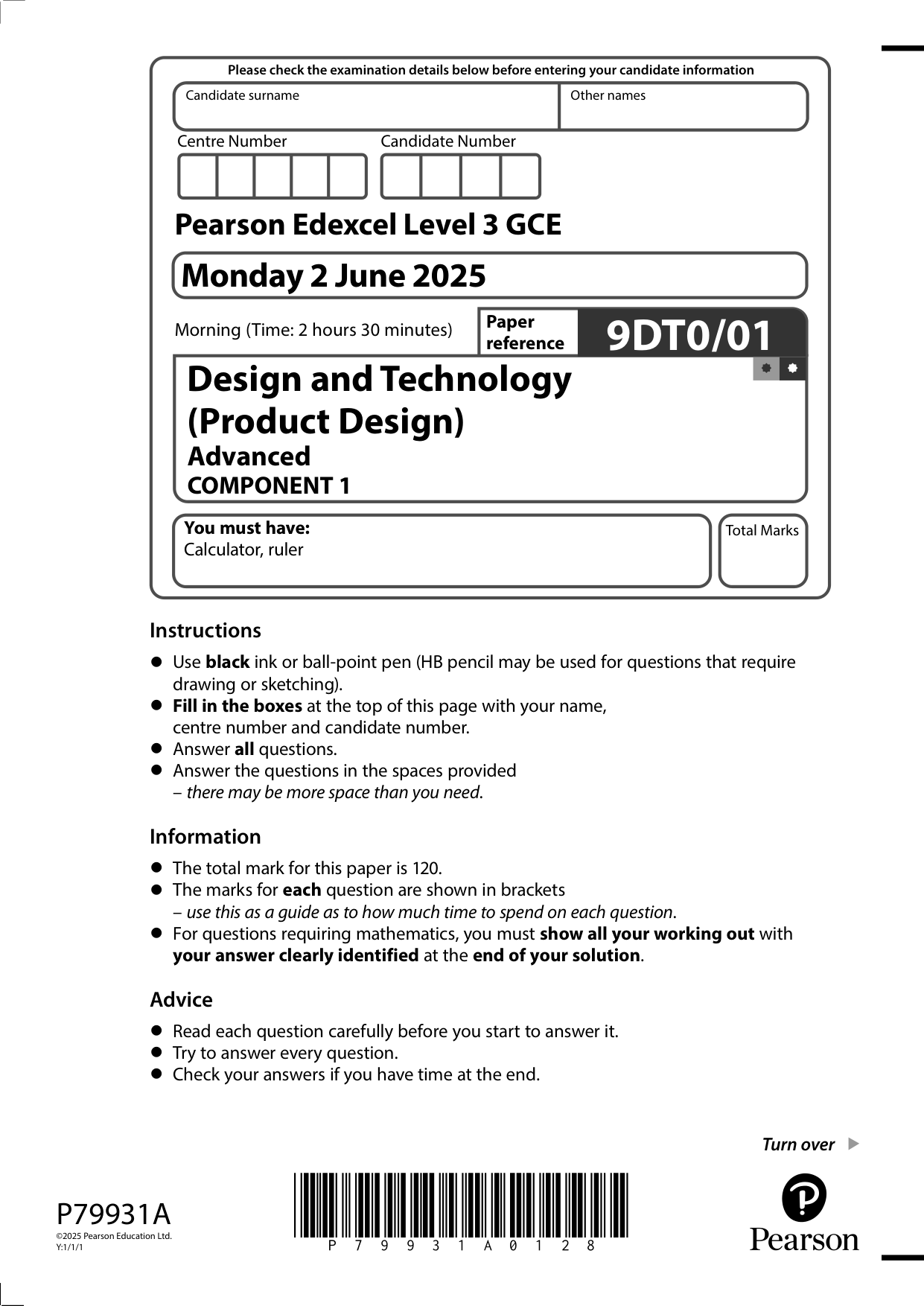 Pearson Edexcel A Level Design and Technology 2025 QP