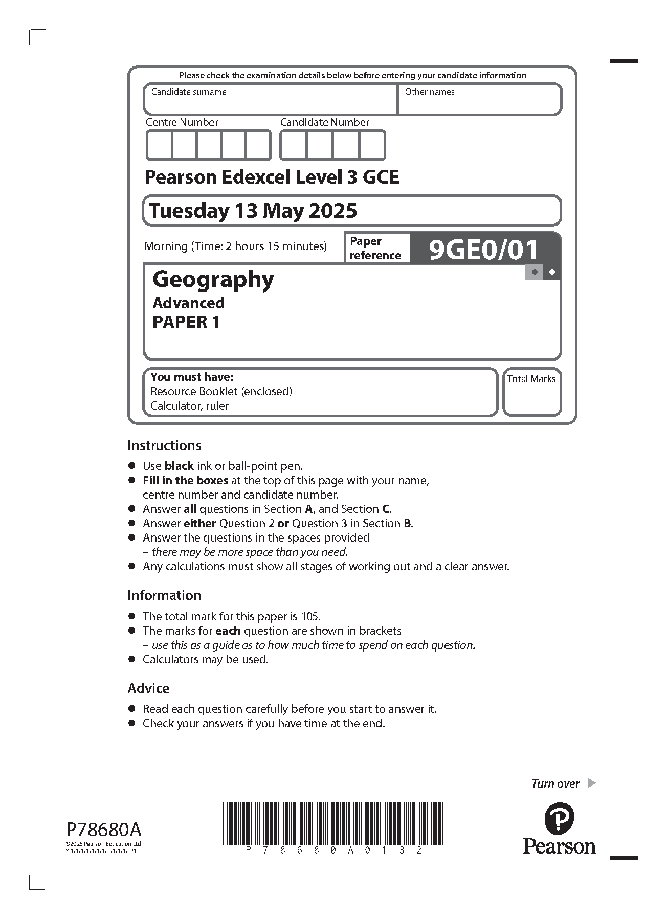 Pearson Edexcel A Level Geography 2025 Paper 1 QP IMG-1