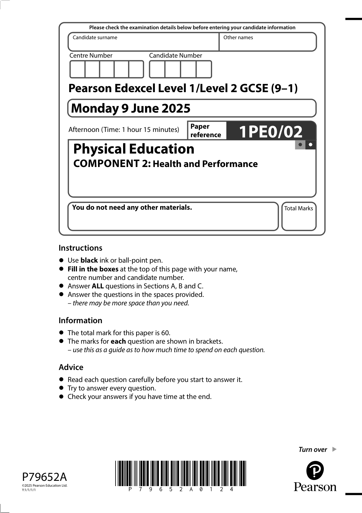 Pearson Edexcel GCSE Physical Education Paper 2  2025 QP PDF