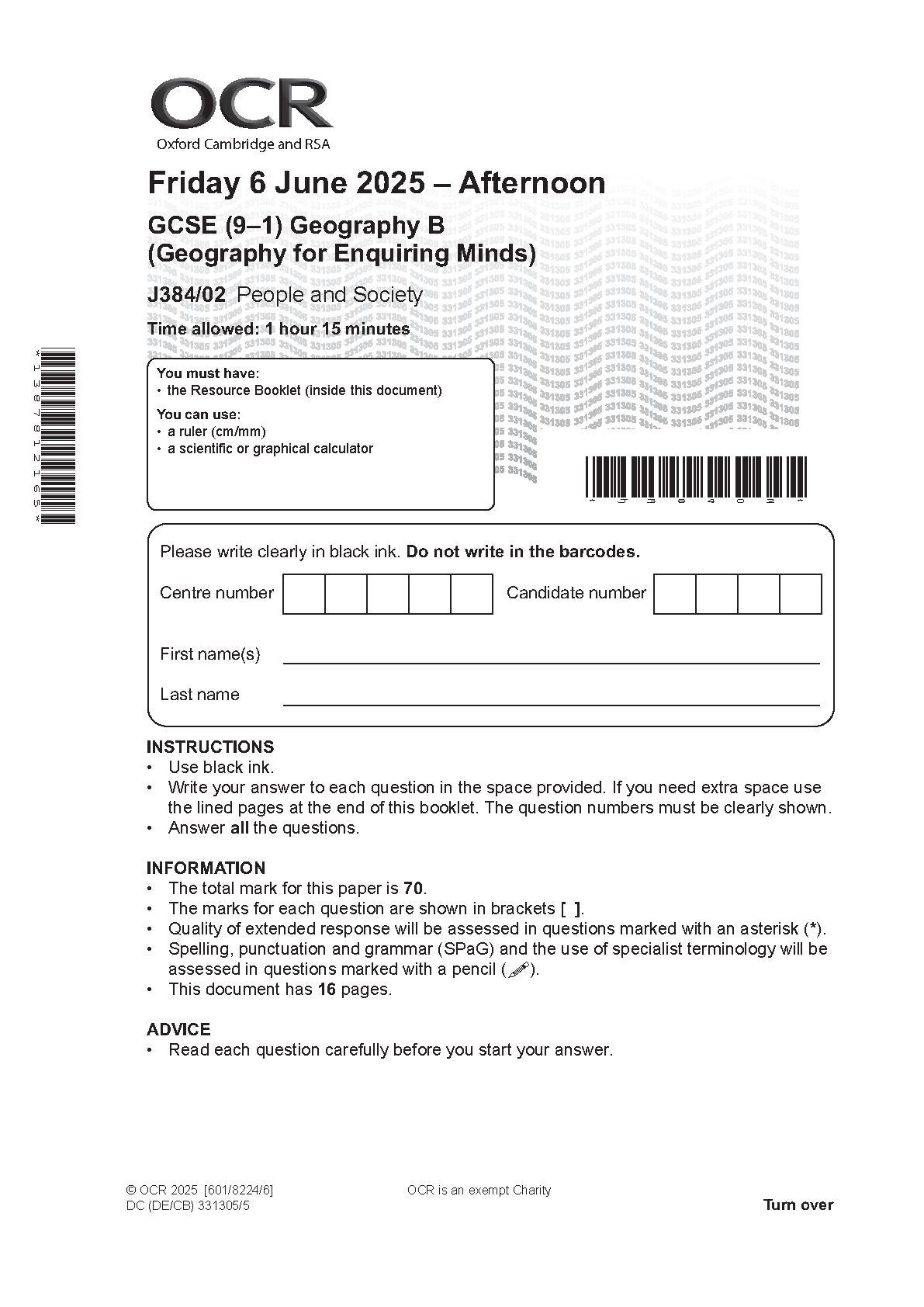 OCR GCSE Geography B Paper 2 2025 Question Paper PDF