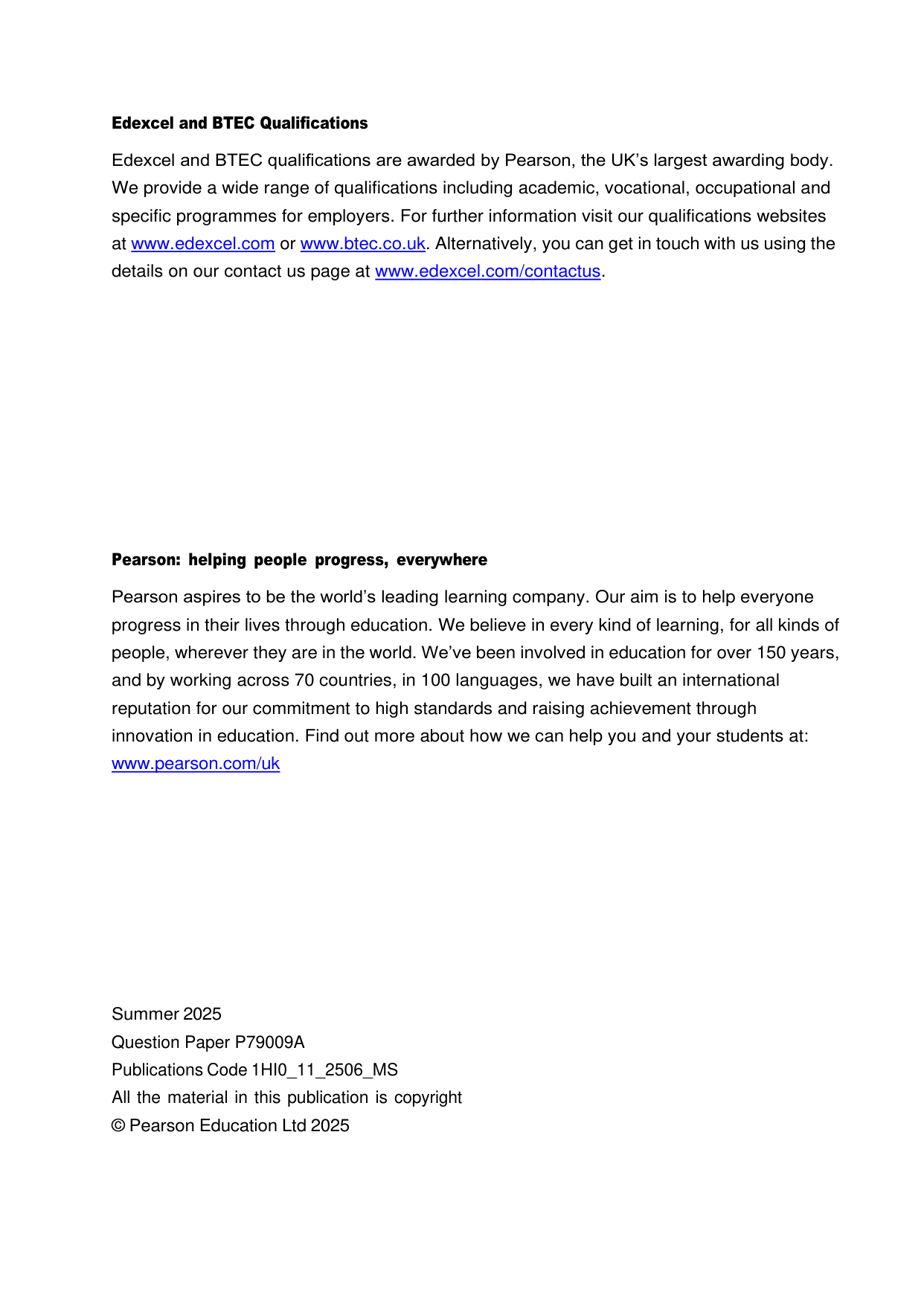 Pearson Edexcel GCSE History Paper 1 Option 11 2025 MS