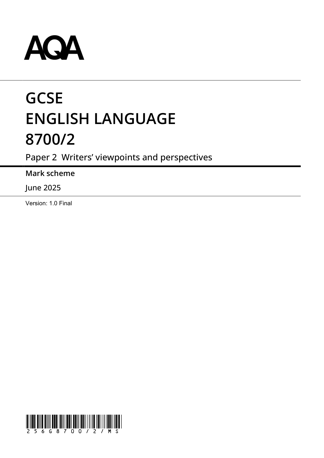 AQA GCSE English Language Paper 2 2025 Mark Scheme