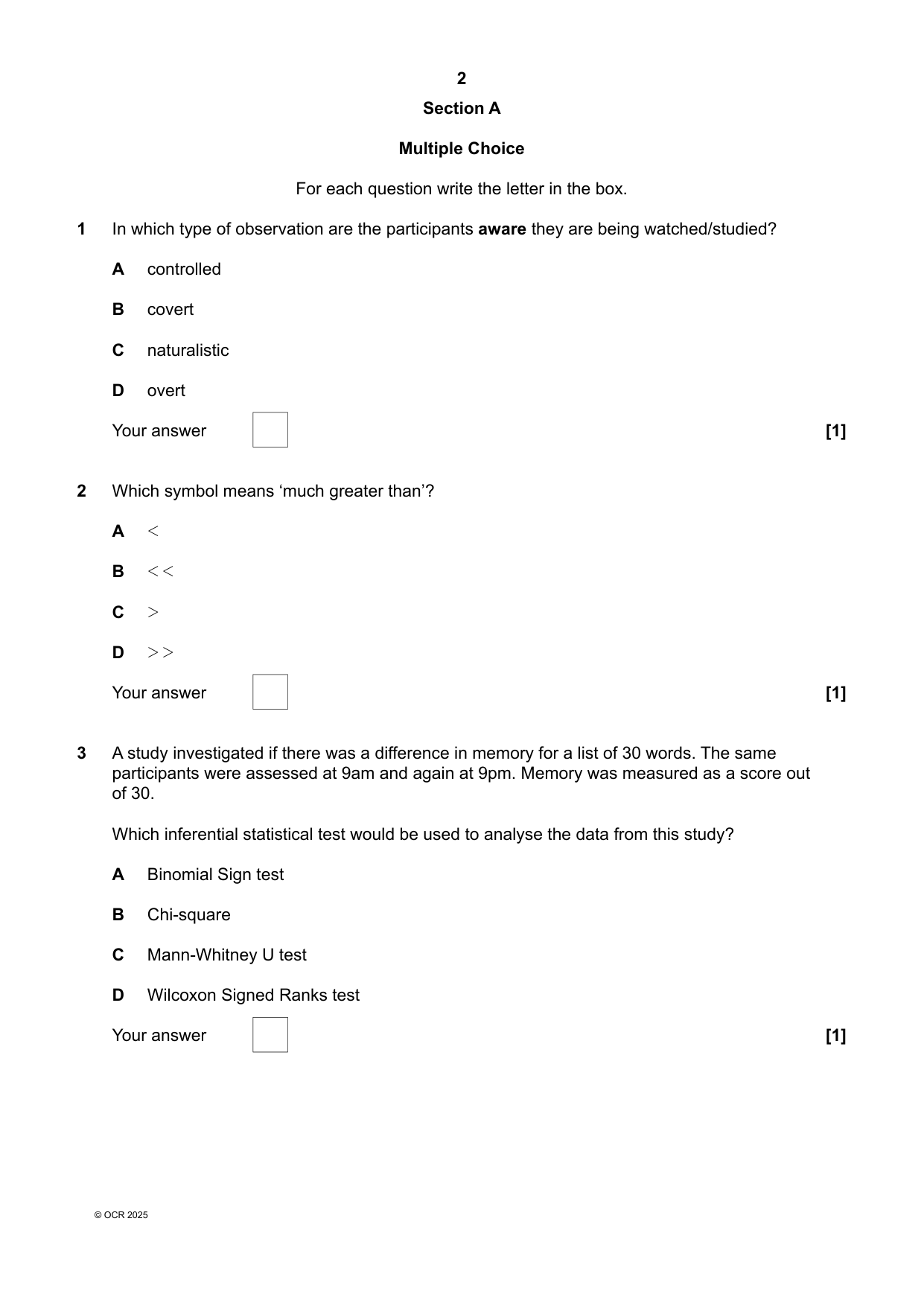 OCR A Level Psychology  Paper 1 2025 QP